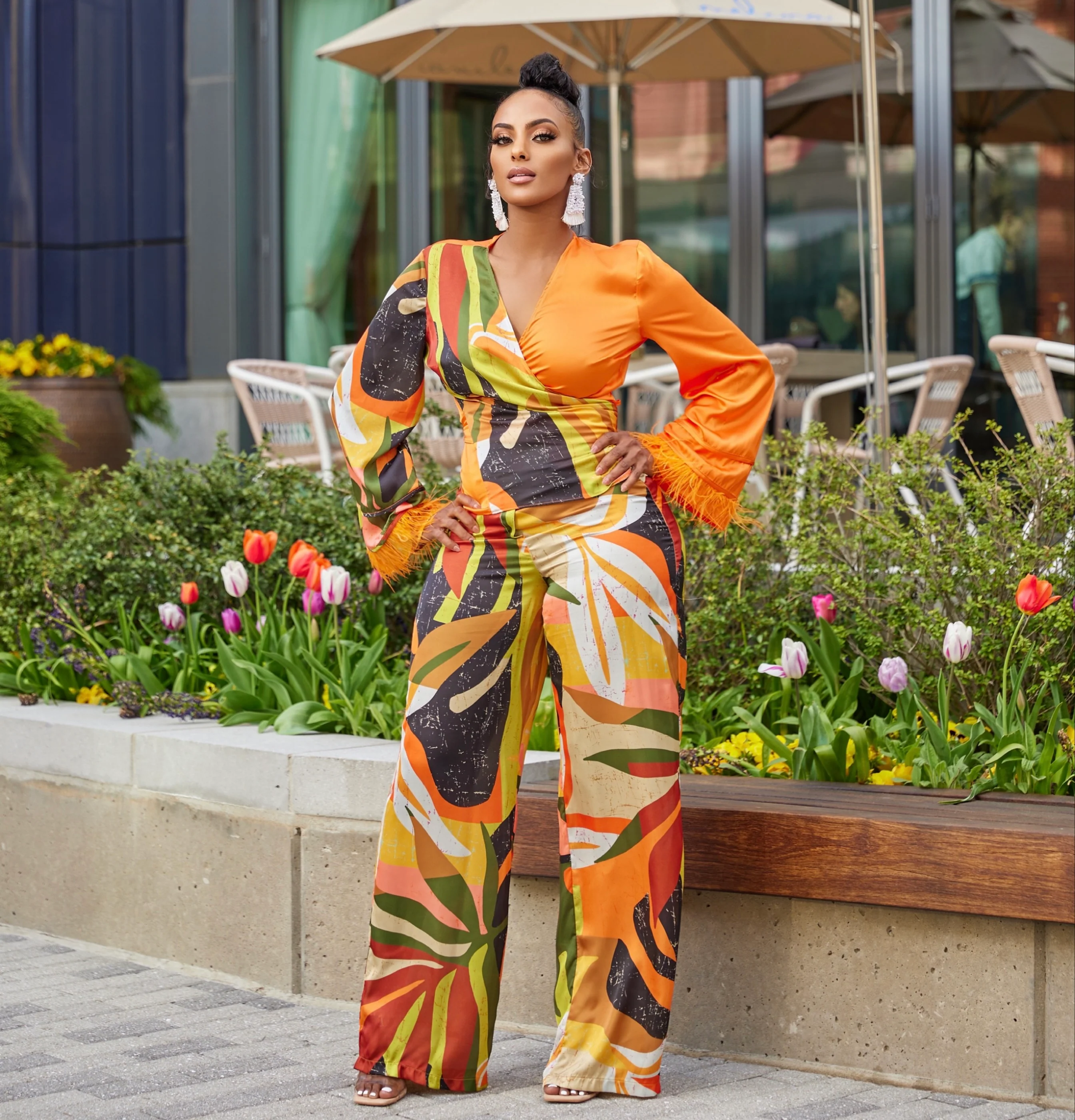 AISHA FEATHER CUFFS SELF-TIE BLOUSE & WIDE PANTS SUIT SET