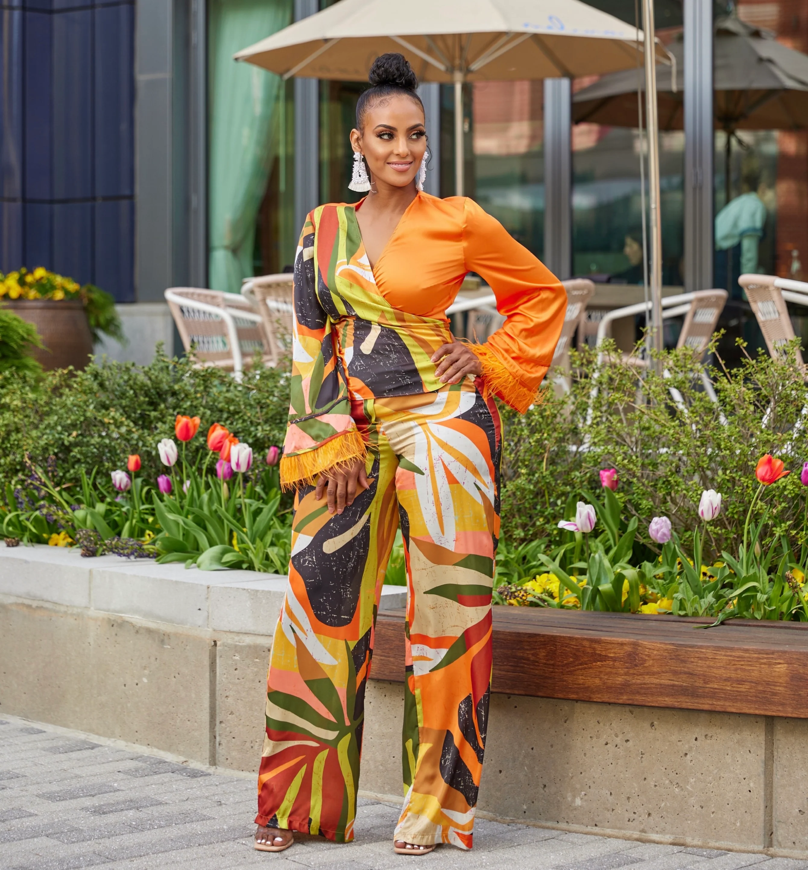 AISHA FEATHER CUFFS SELF-TIE BLOUSE & WIDE PANTS SUIT SET - Image 2