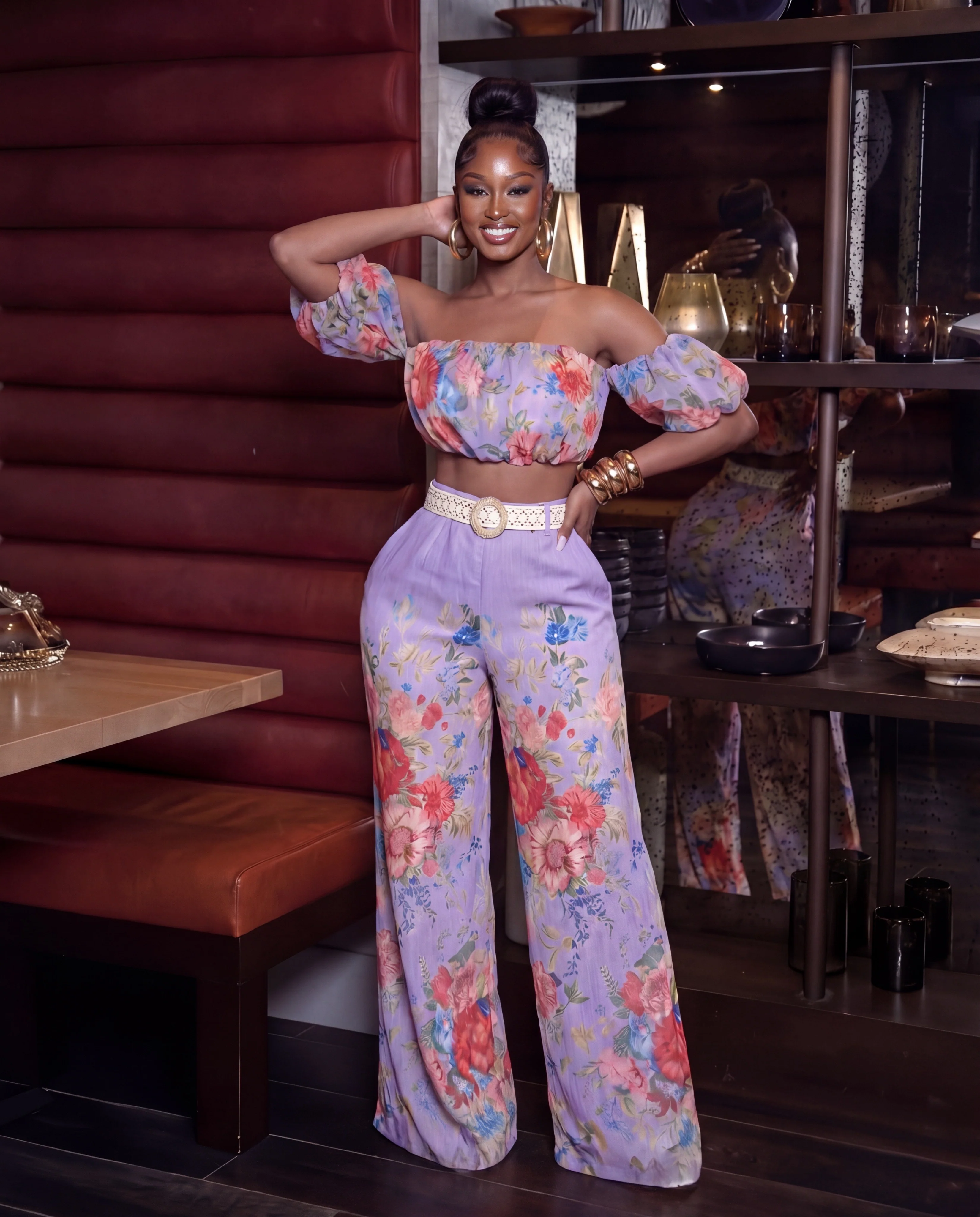 Always The Moment Floral Print Two-Piece Wide-Leg set ( Lavender)