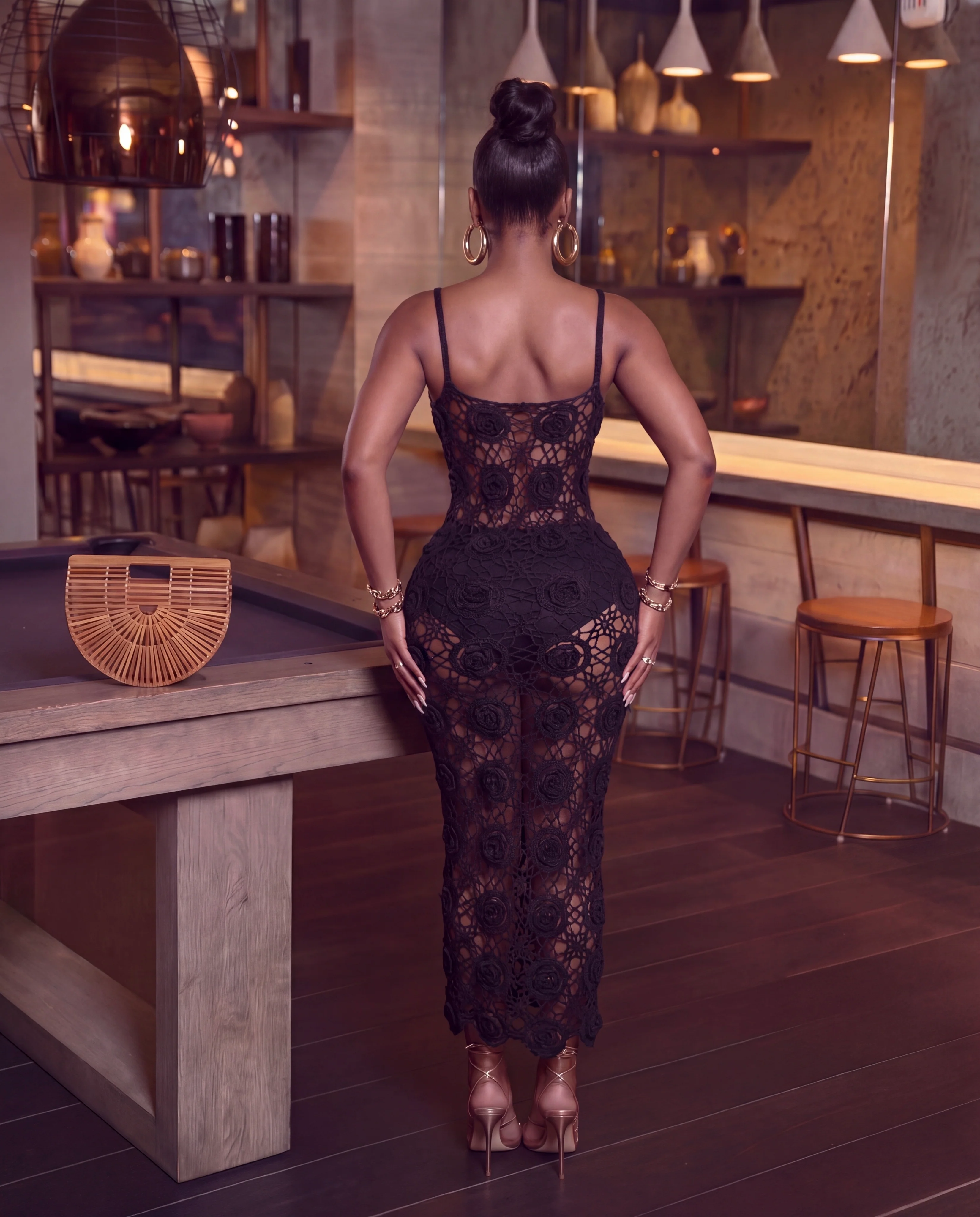 Black Rose Crochet Flower Bodycon Maxi Dress - Image 3