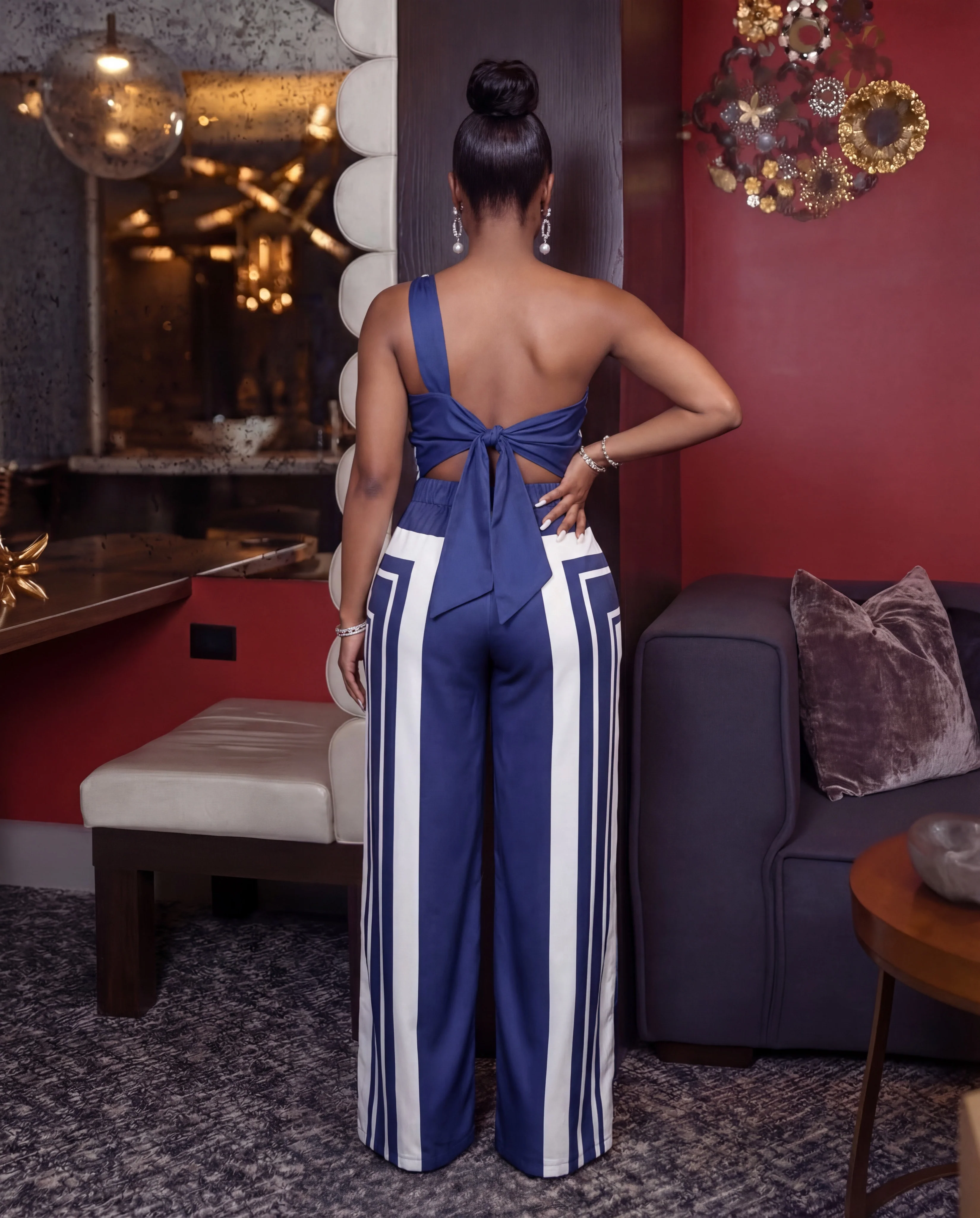 Blue Geometric Print Asymmetrical Top With Beaded Strap And Pant Set - Image 2