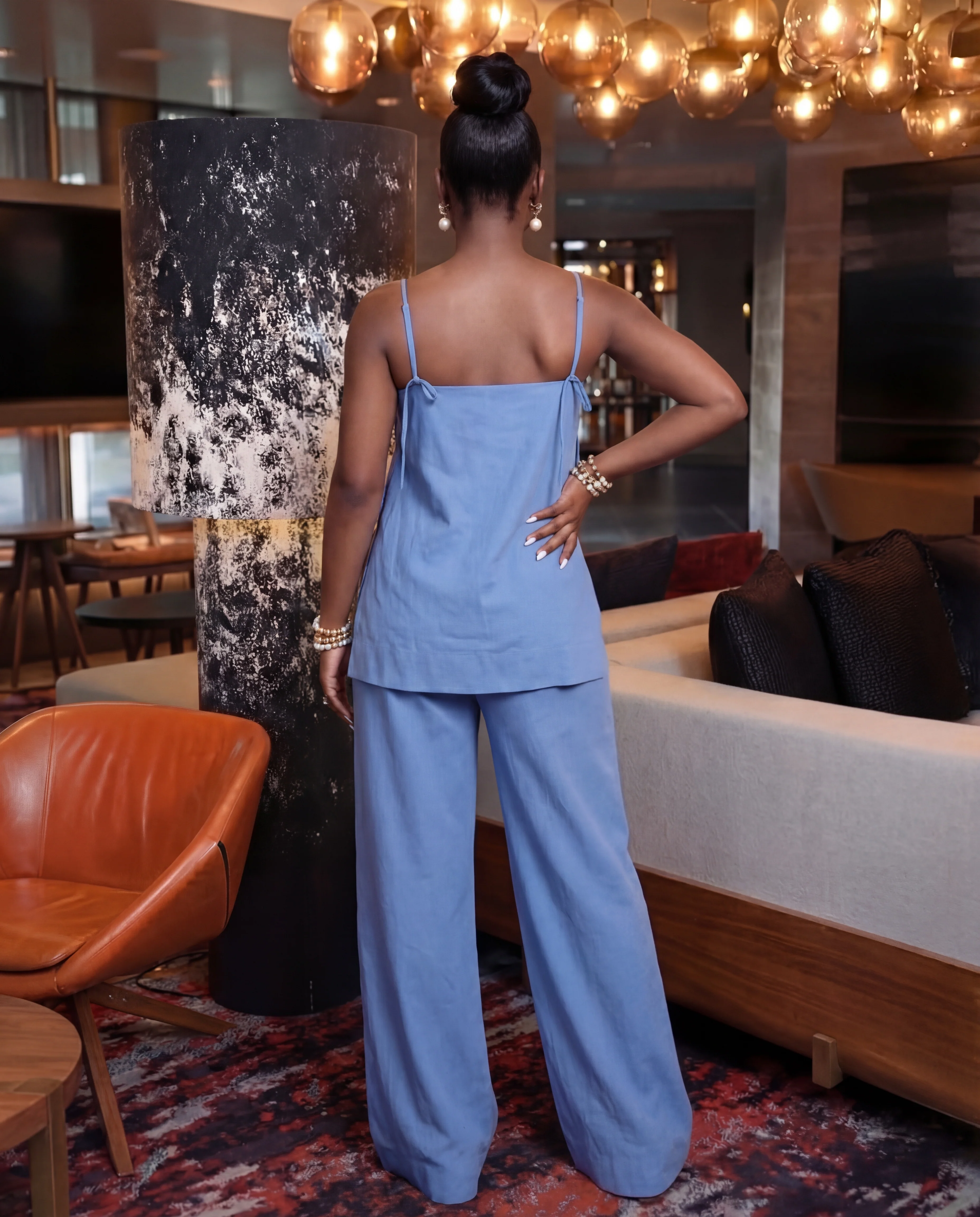 Blue Spaghetti Strap Top & Wide-leg Pants Set - Image 3
