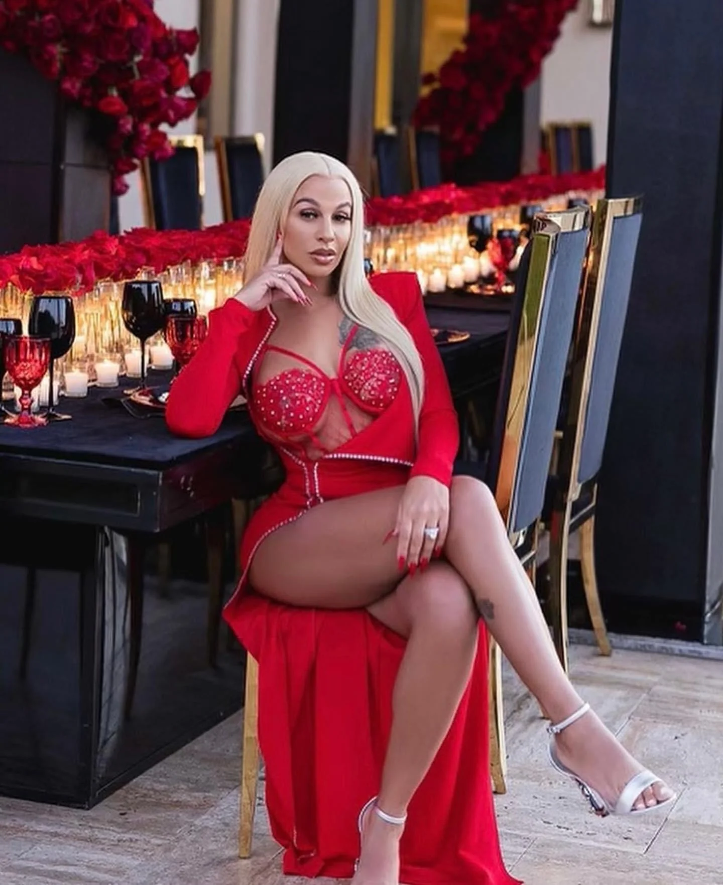 RED BODYSUIT RHINESTONE EMBELLISHED DRESS SET - Image 2