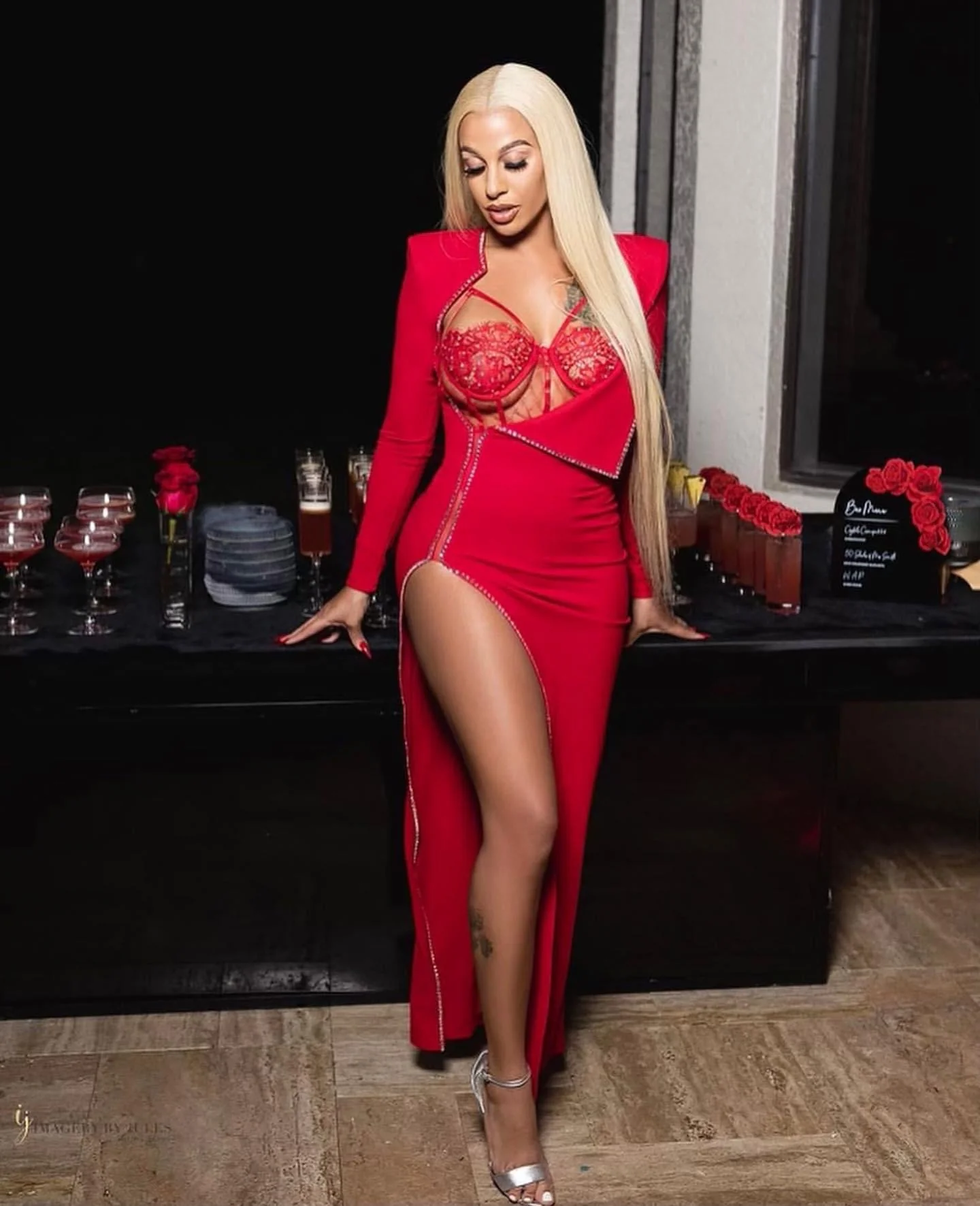 RED BODYSUIT RHINESTONE EMBELLISHED DRESS SET - Image 3