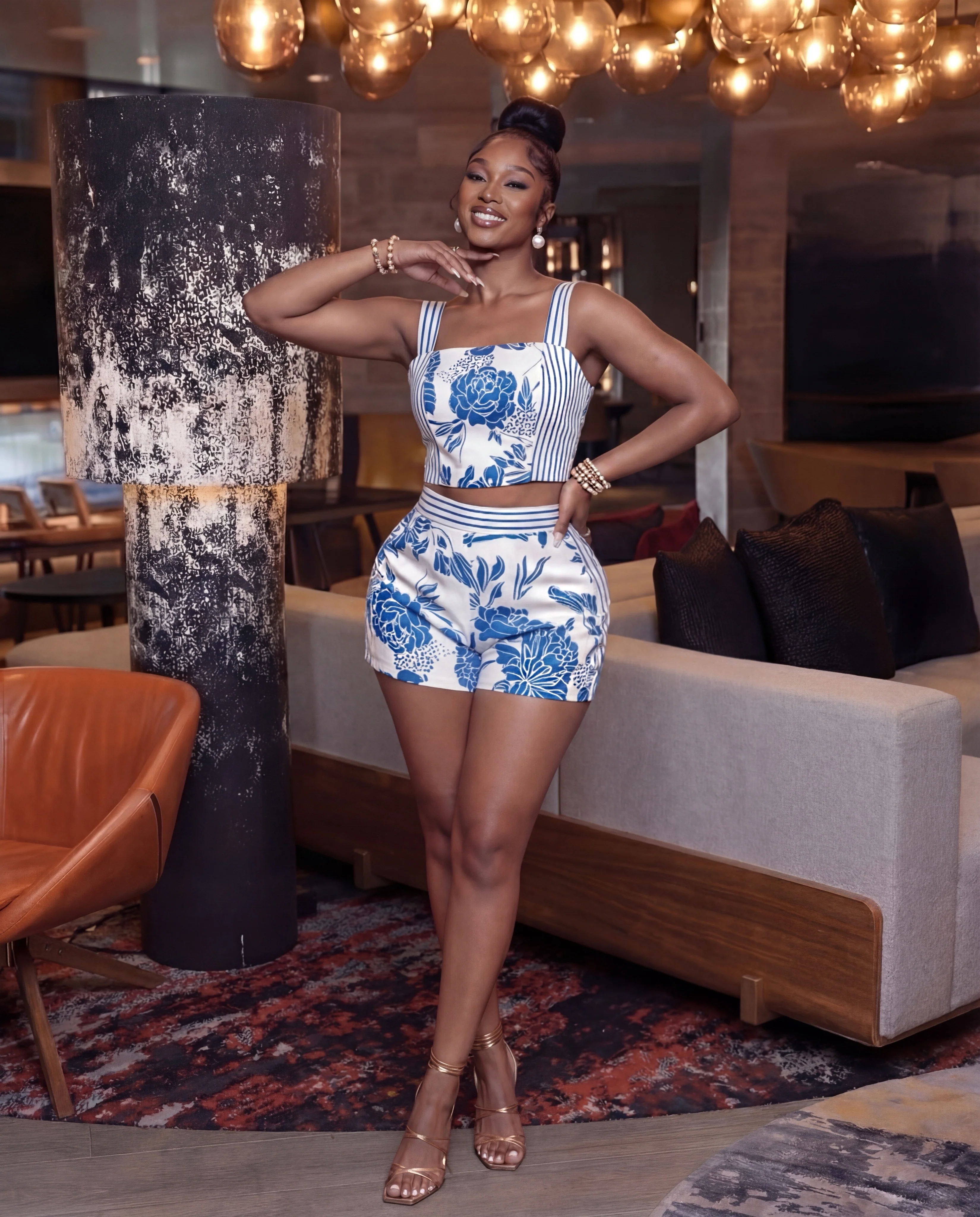 Border Print Sleeveless Top with Short Set