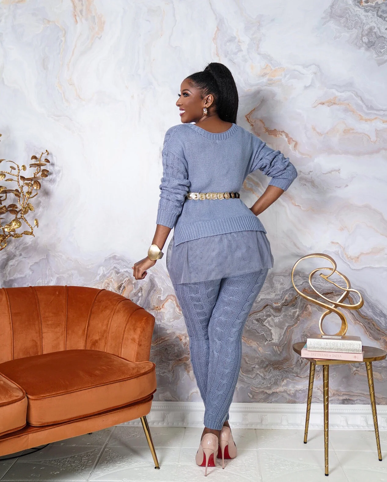 CABLE KNIT LACE SWEATER SET BLUE - Image 3