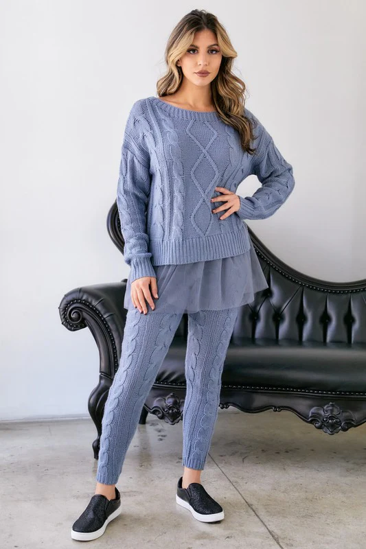 CABLE KNIT LACE SWEATER SET BLUE - Image 4