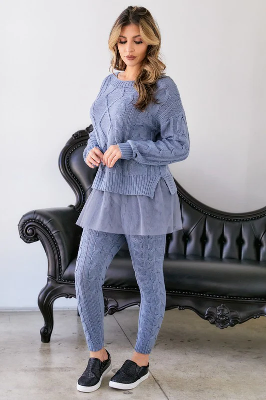 CABLE KNIT LACE SWEATER SET BLUE - Image 5