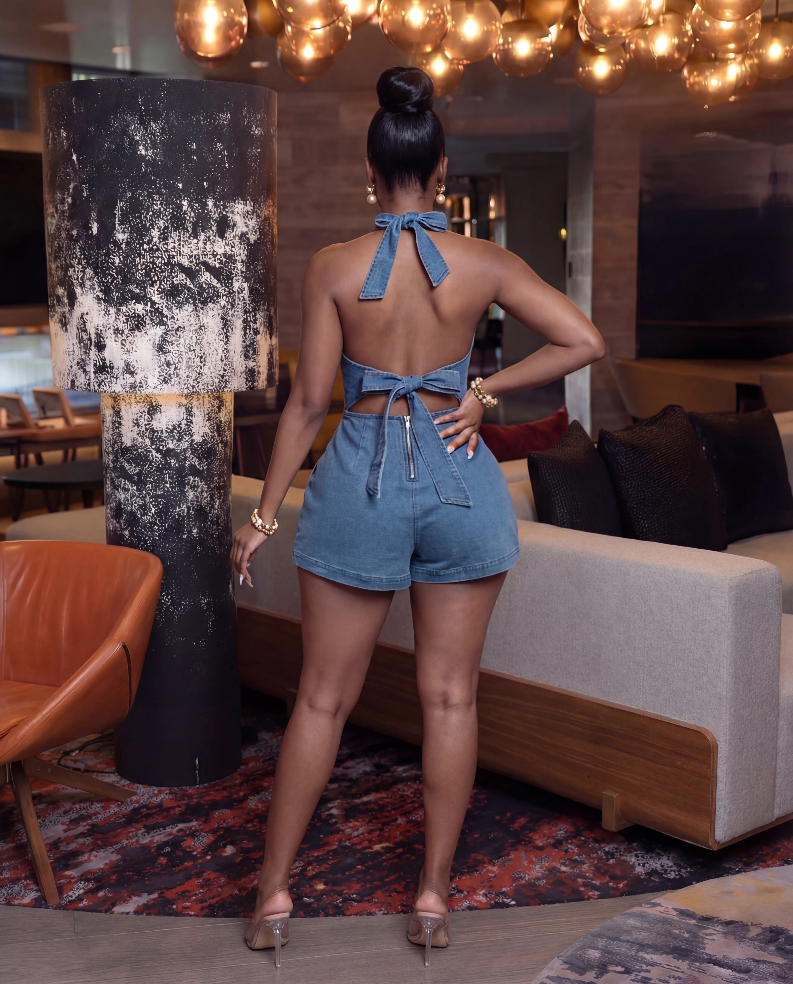 CHILL WEEKEND BOW BACK STRETCH DENIM ROMPER - Image 2