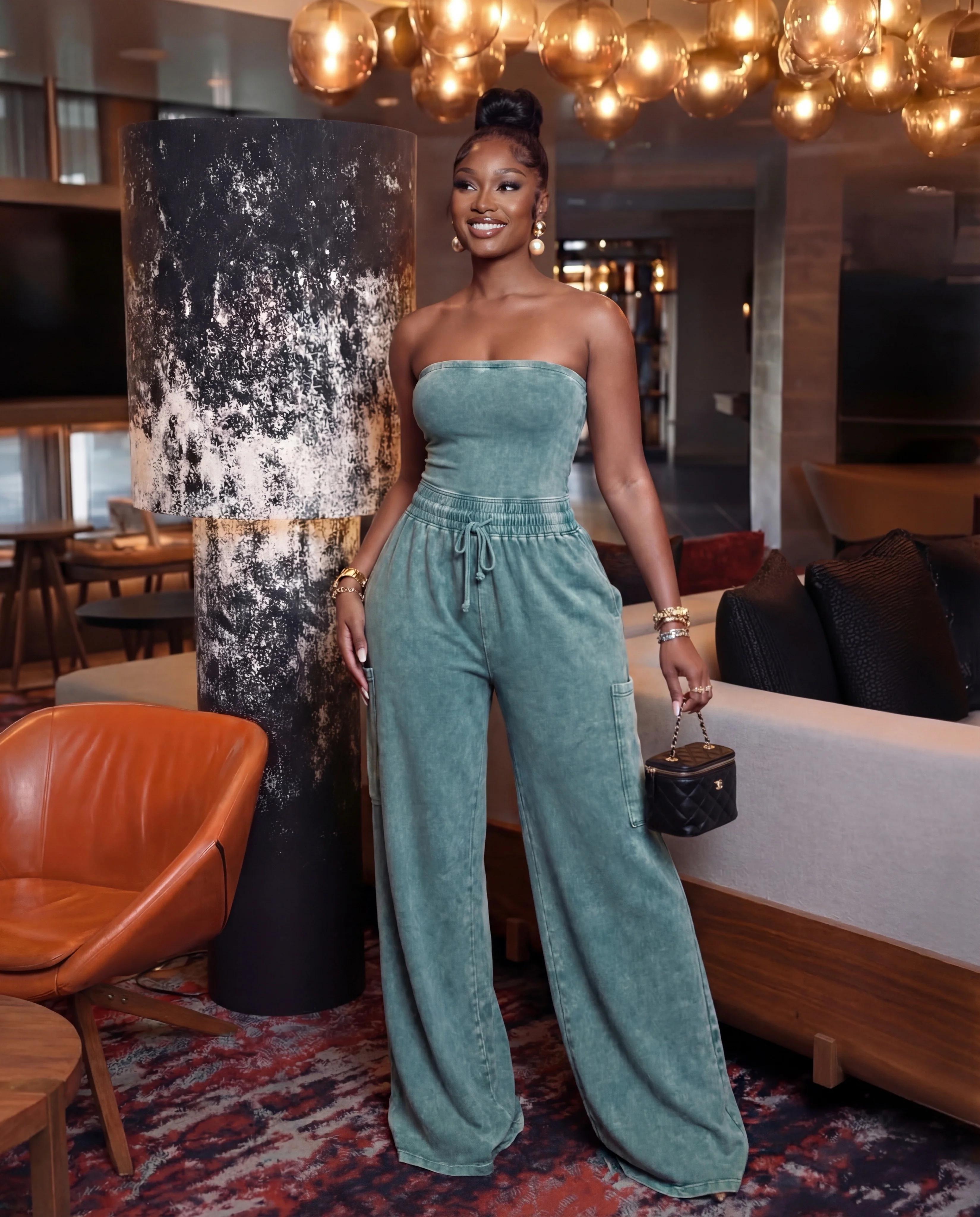 Dark Teal Mineral Wash Strapless Wide-leg Jumpsuit