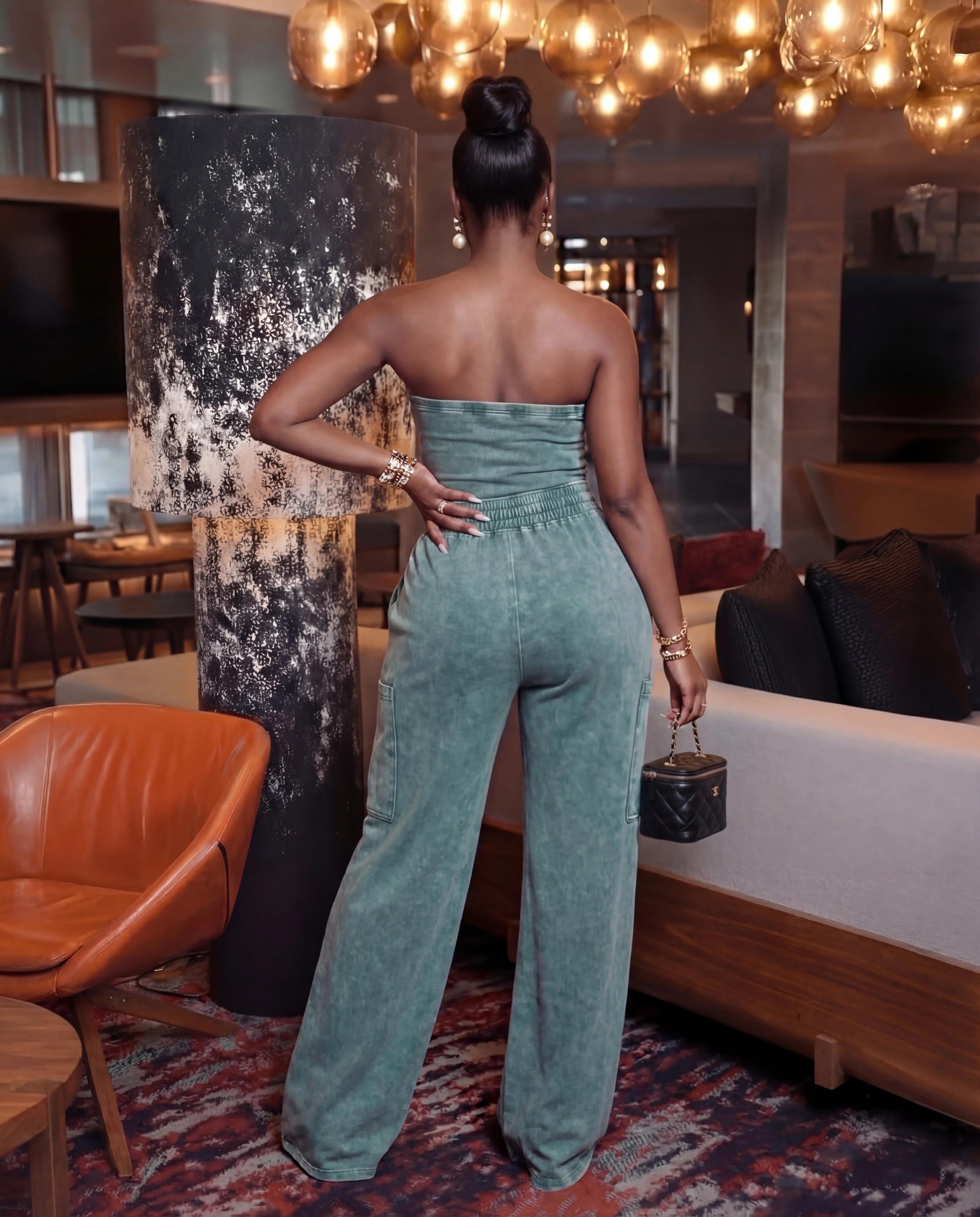 Dark Teal Mineral Wash Strapless Wide-leg Jumpsuit - Image 2