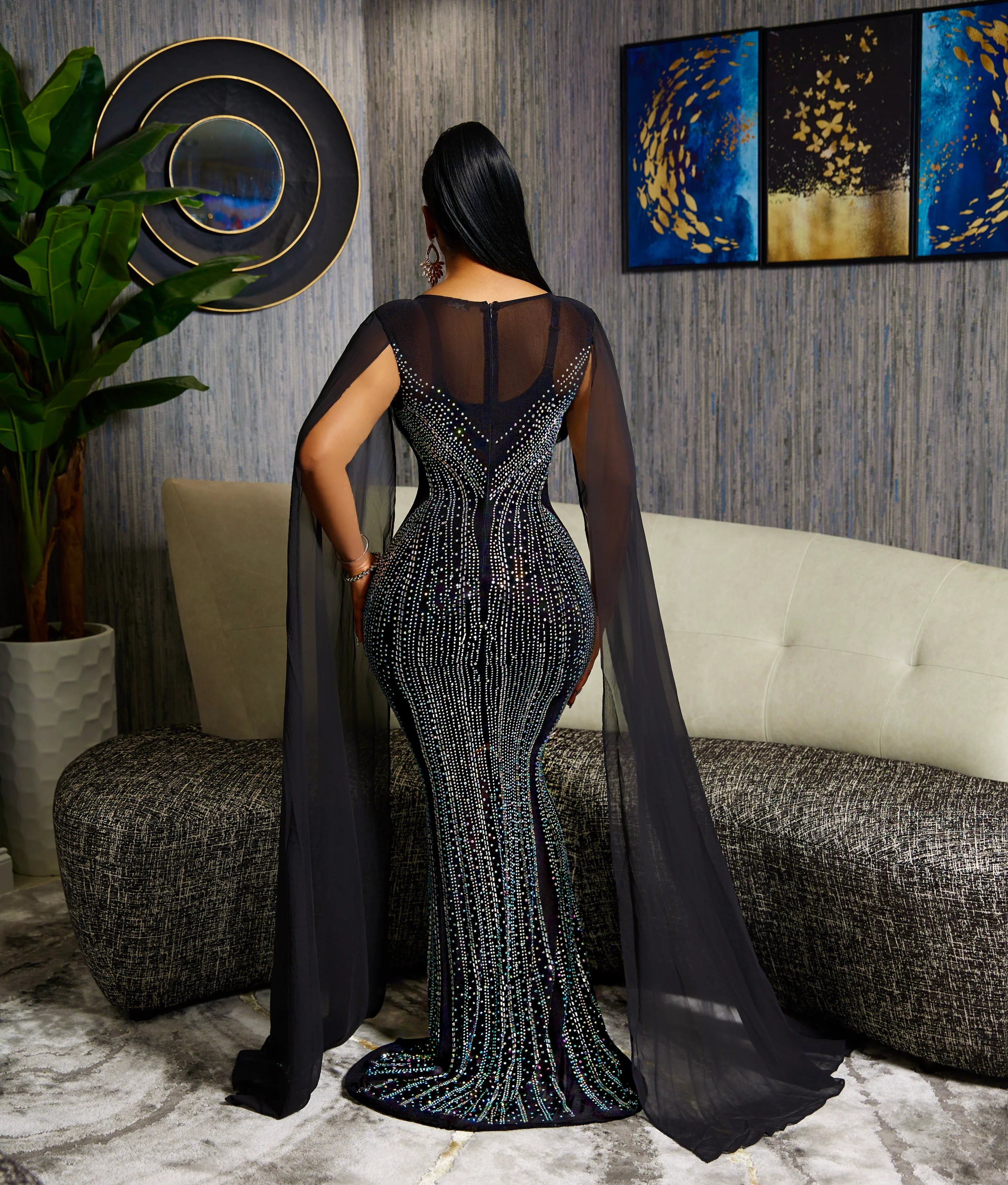 EVANUN RHINESTONE WIDE CAPE SLEEVE DRESS - Image 4