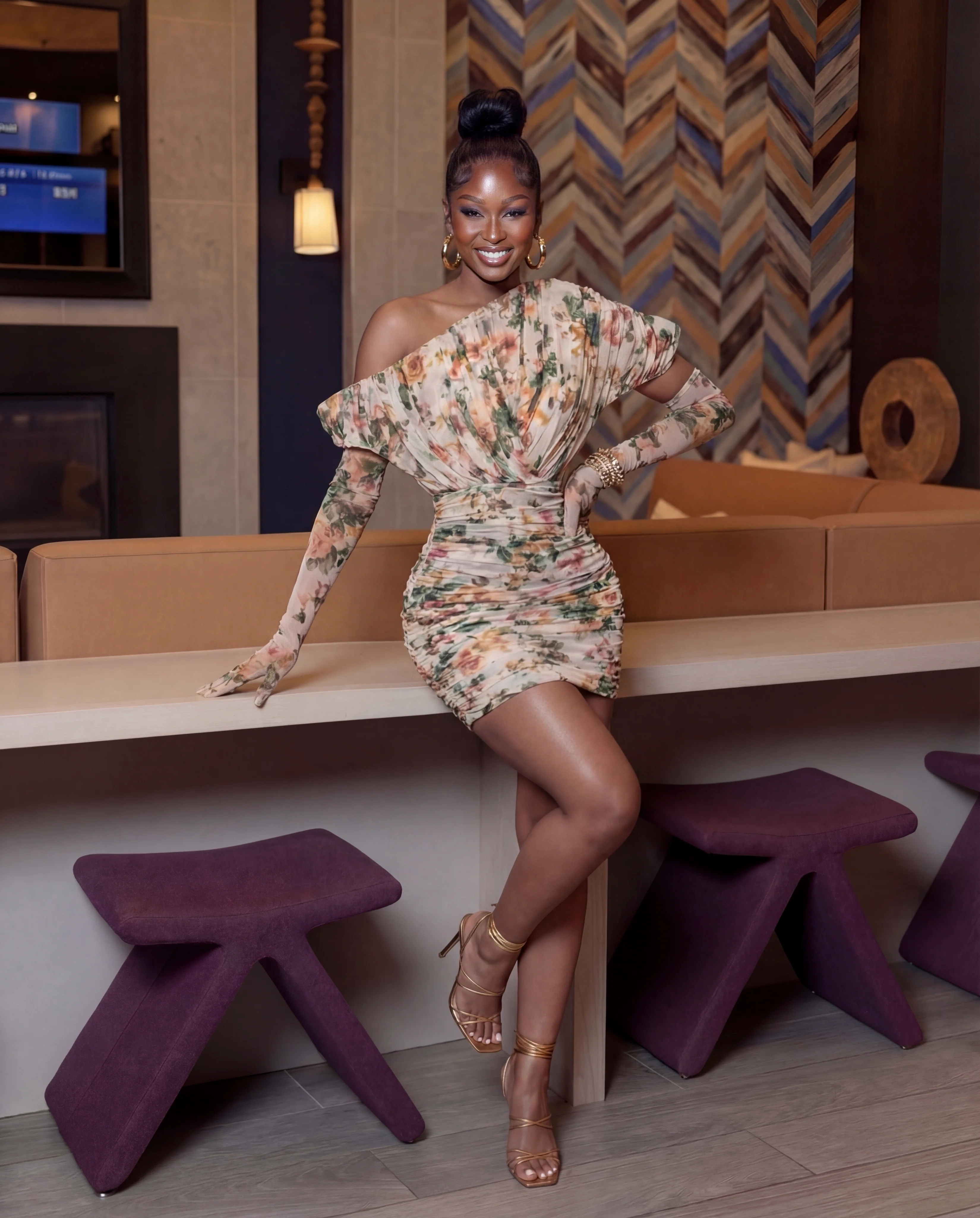 Floral Asymmetrical Ruched Mini Dress