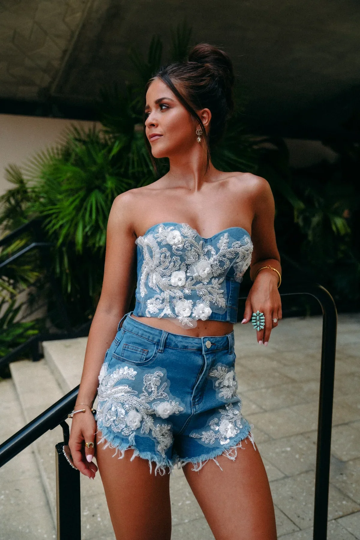FLORAL PATCH DETAIL DENIM BUSTIER SETS - Image 3