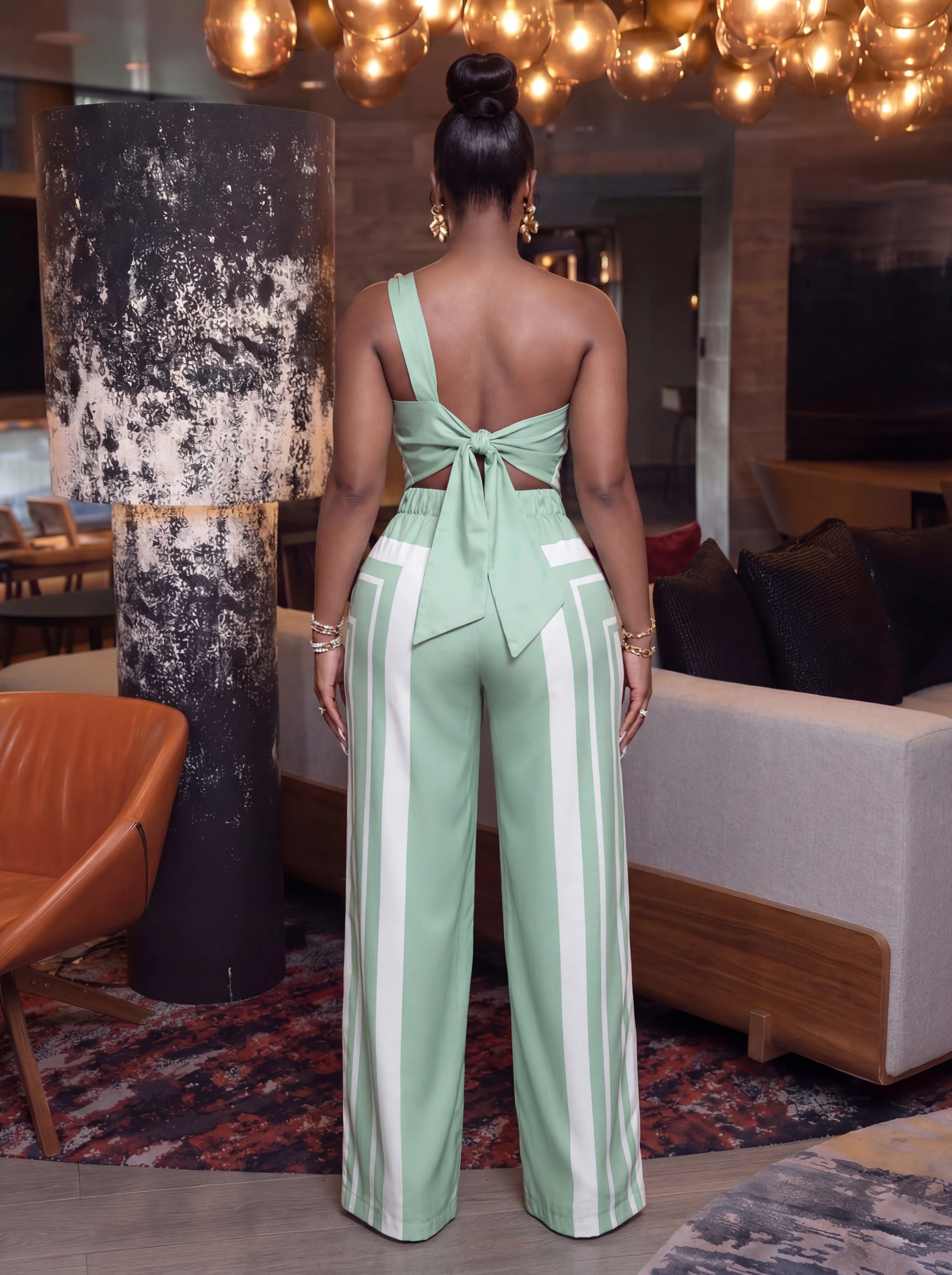 Geometric Print Asymmetrical Top With Beaded Strap And Pant Set - Image 2