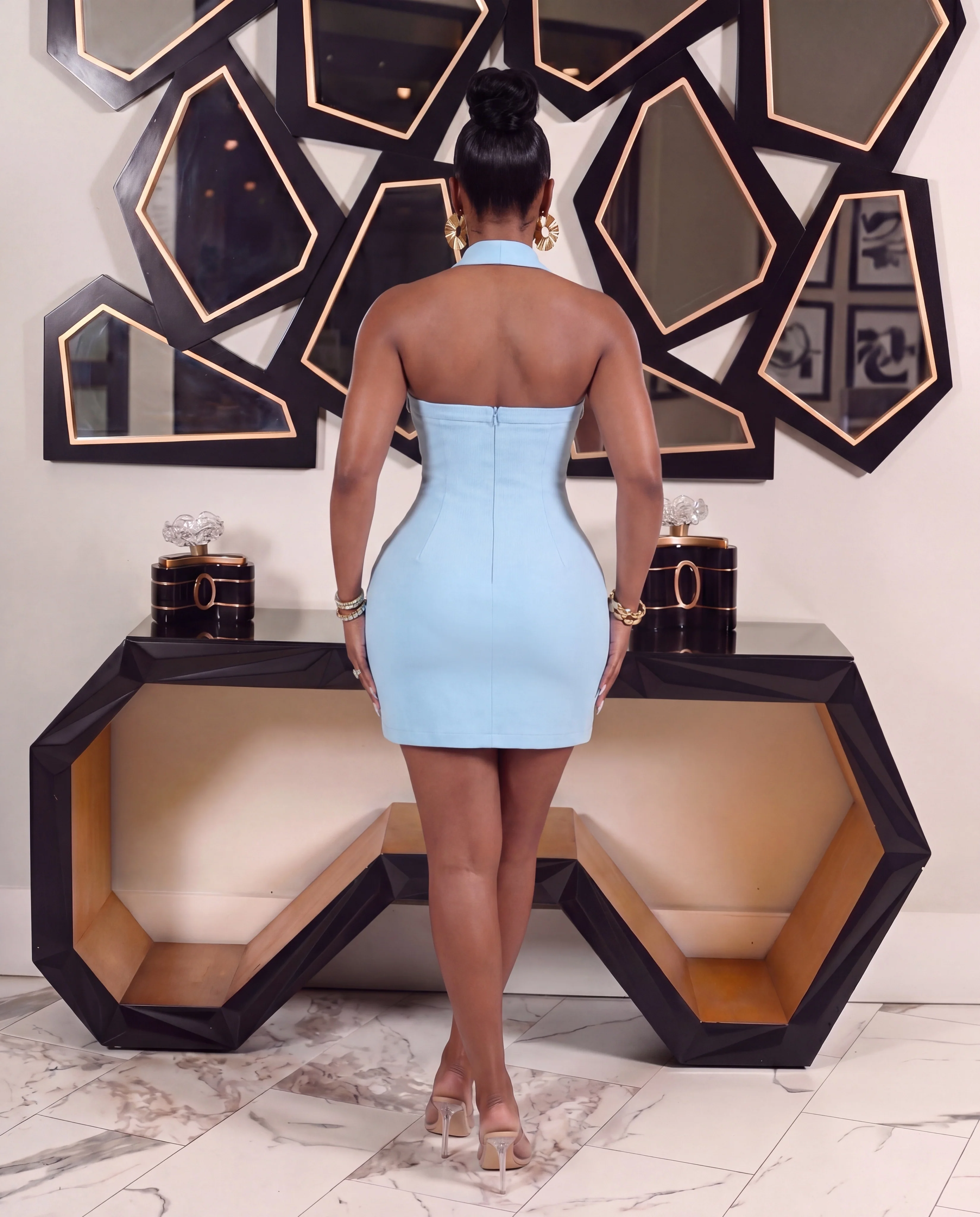 Heavy Ponte Halter Mini Dress with Button Detail - Image 2