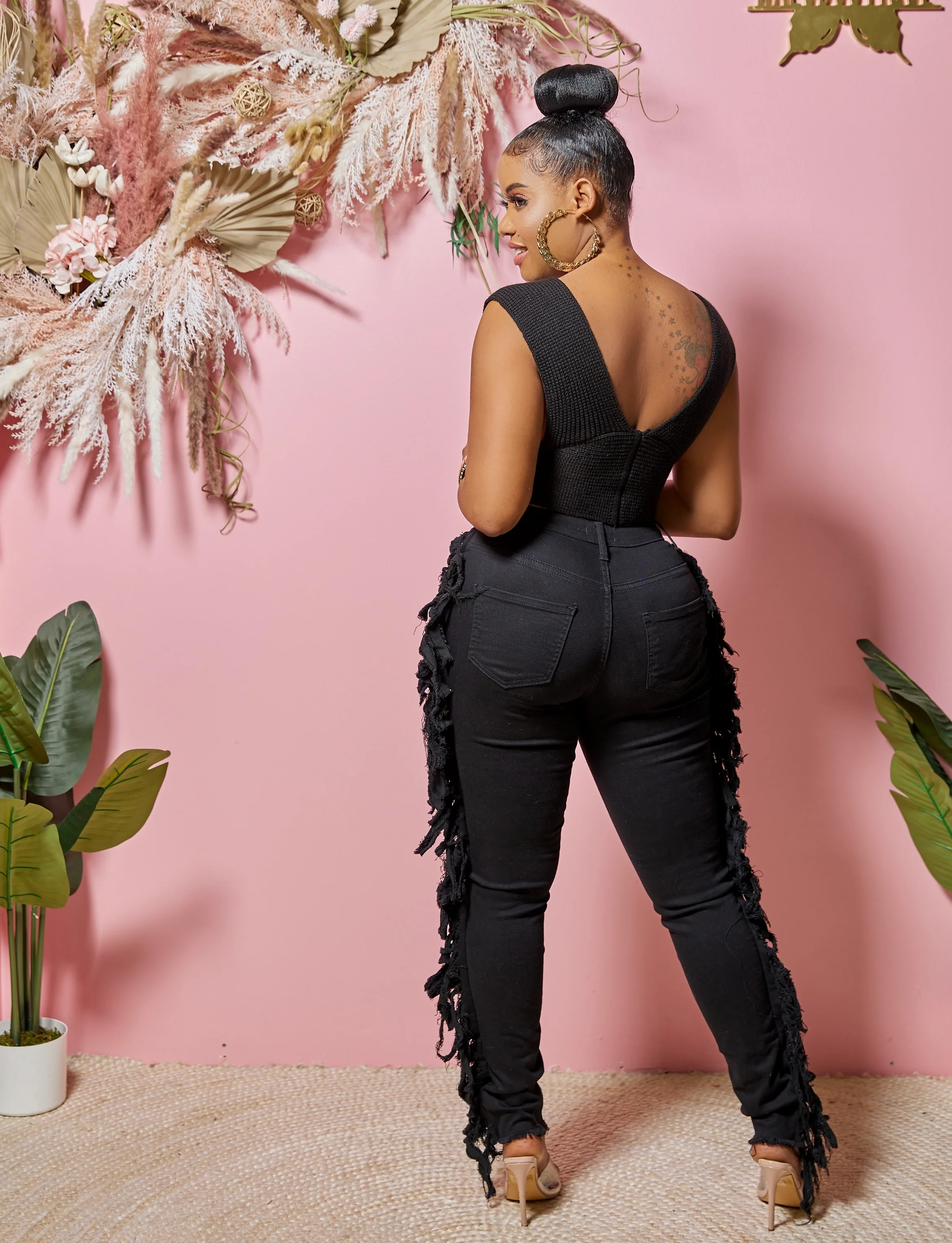 High Rise Lace Up Tassel Skinny Black Jeans - Image 3