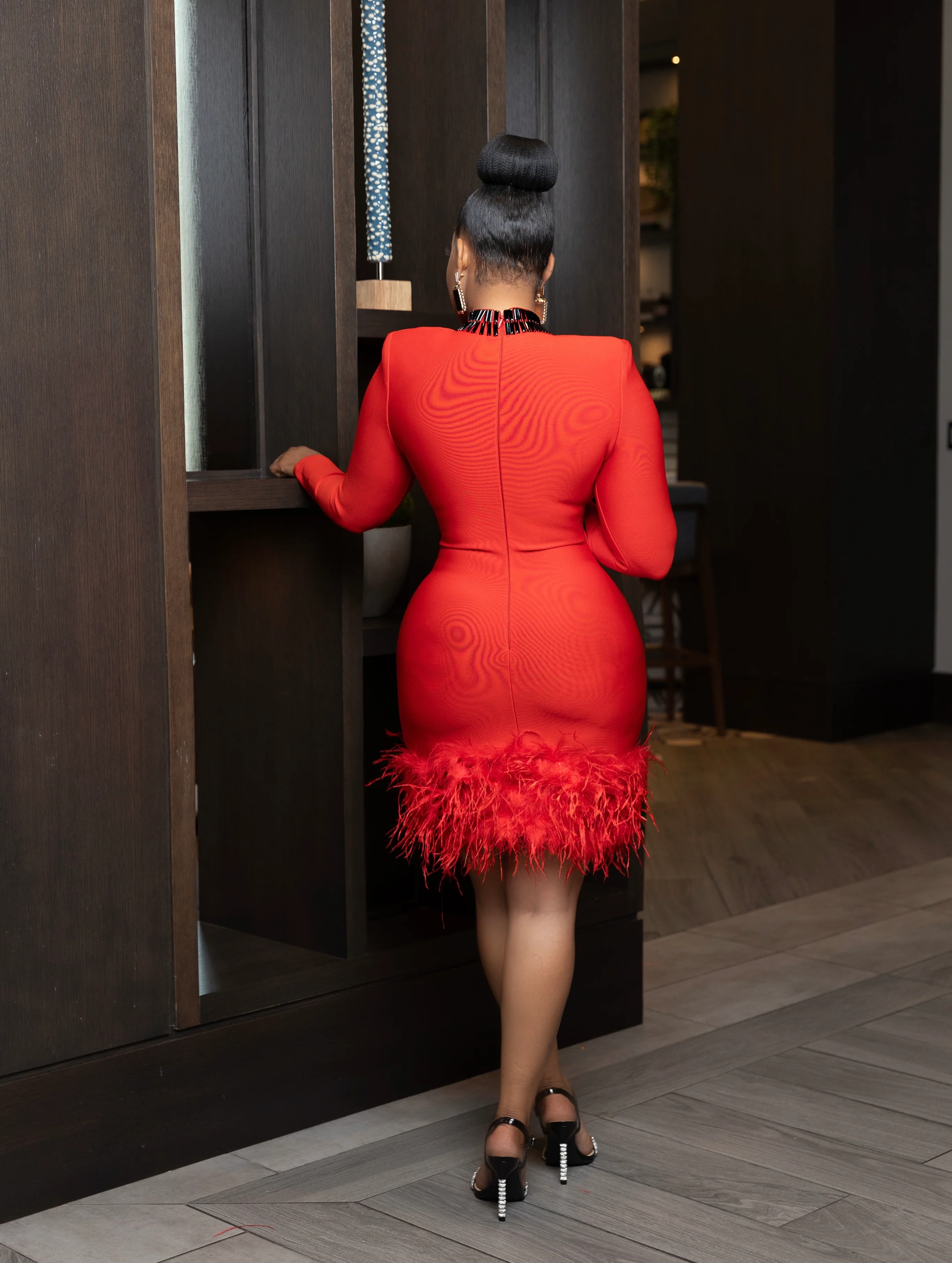 JUEL RHINESTONE CUTOUT FEATHER  DRESS IN RED - Image 4