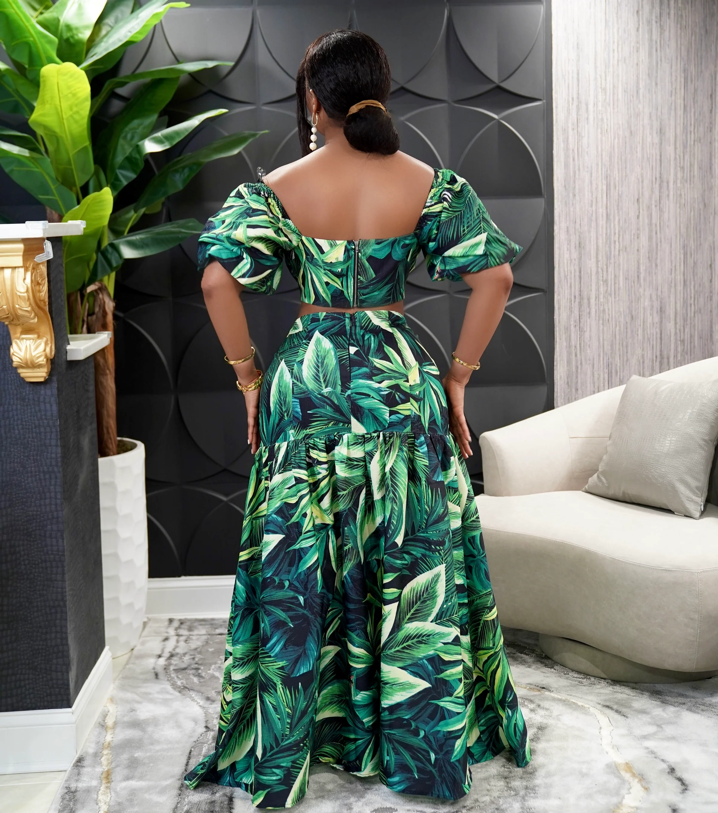 Leaf print 2pc set Puff Sleeve Crop Top set - Image 3