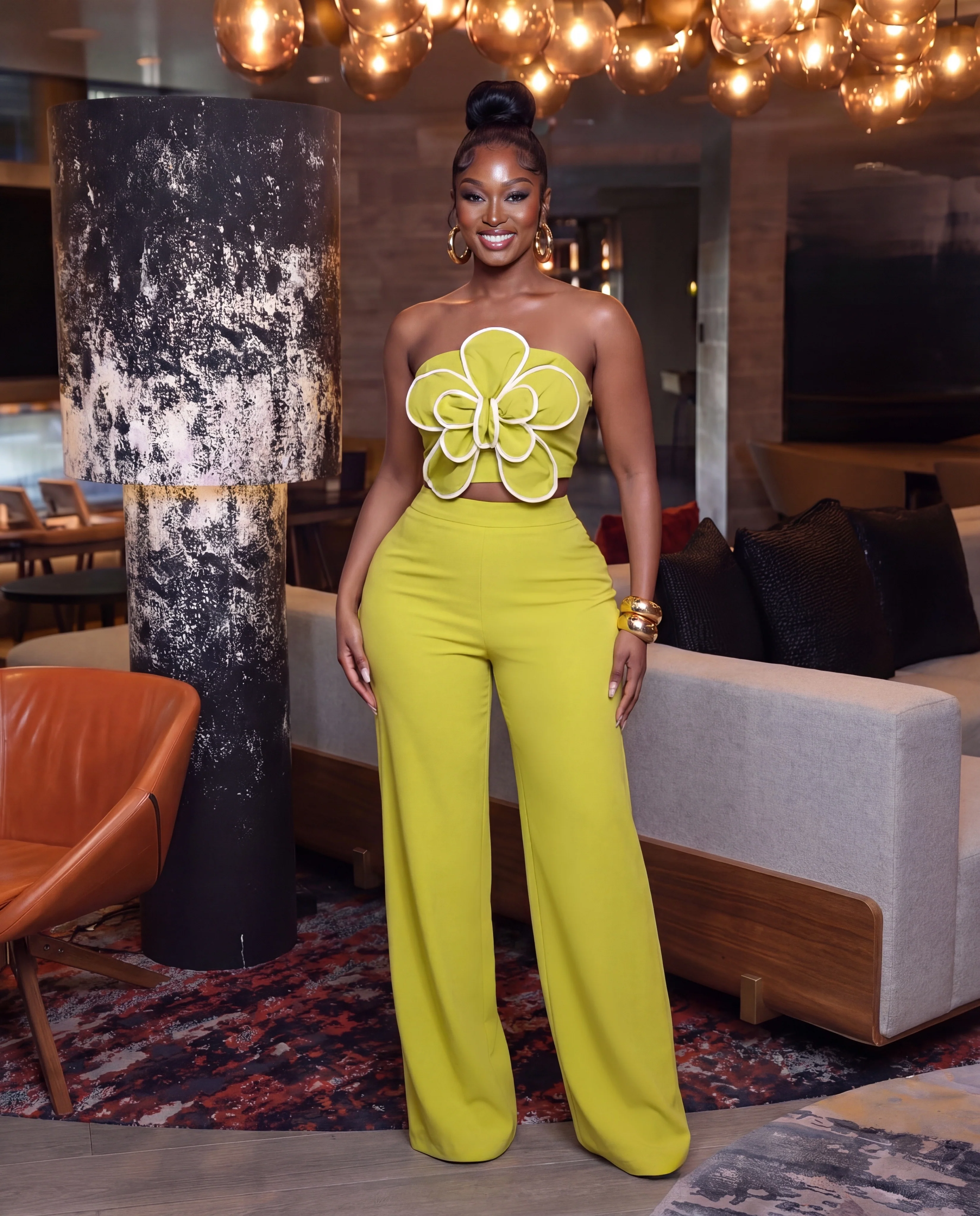 LIME WHITE TRIM APPLIQUE CROP TOP & PANTS SET