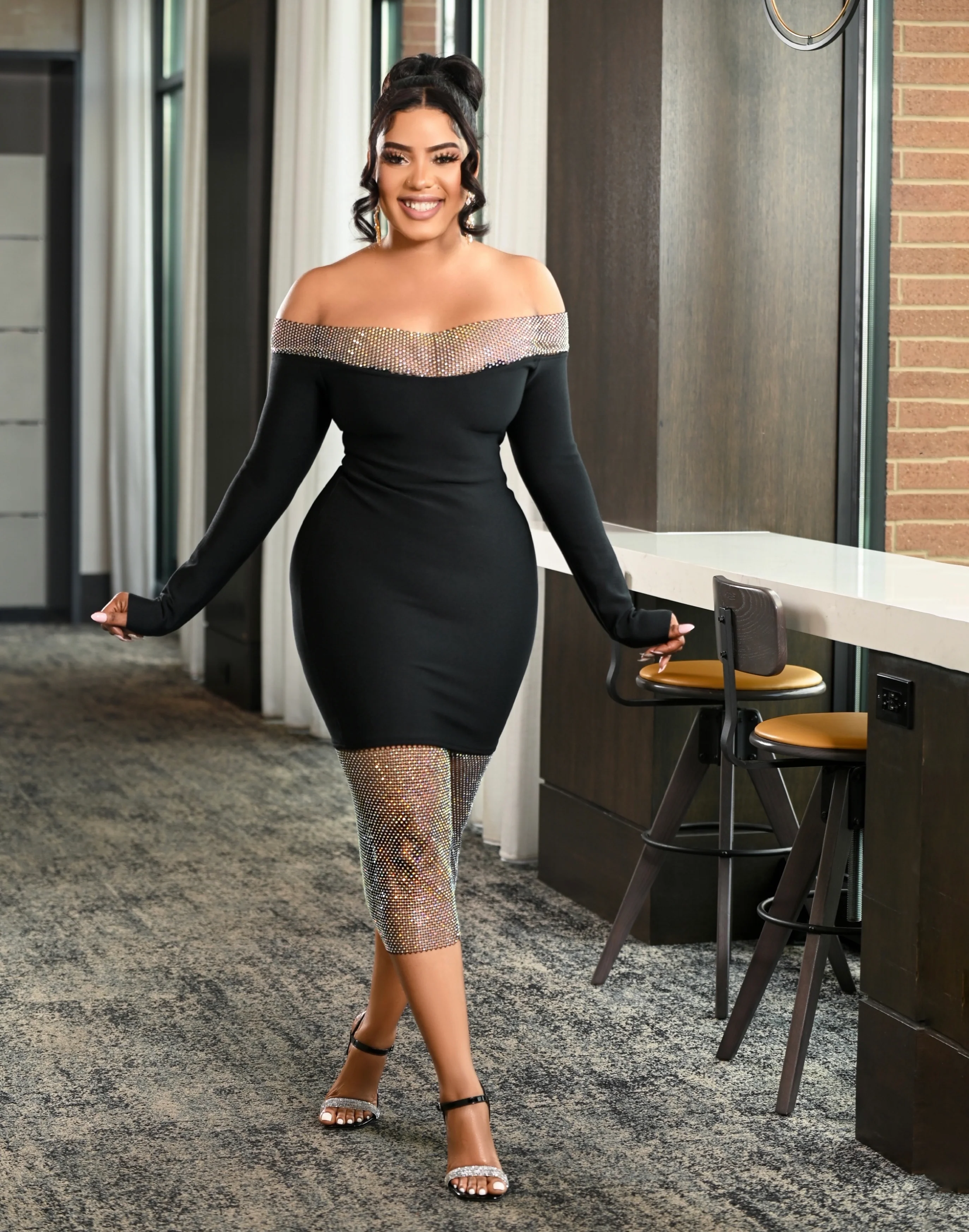 Lucica Off Shoulder Diamante Mesh Midi Bandage Dress