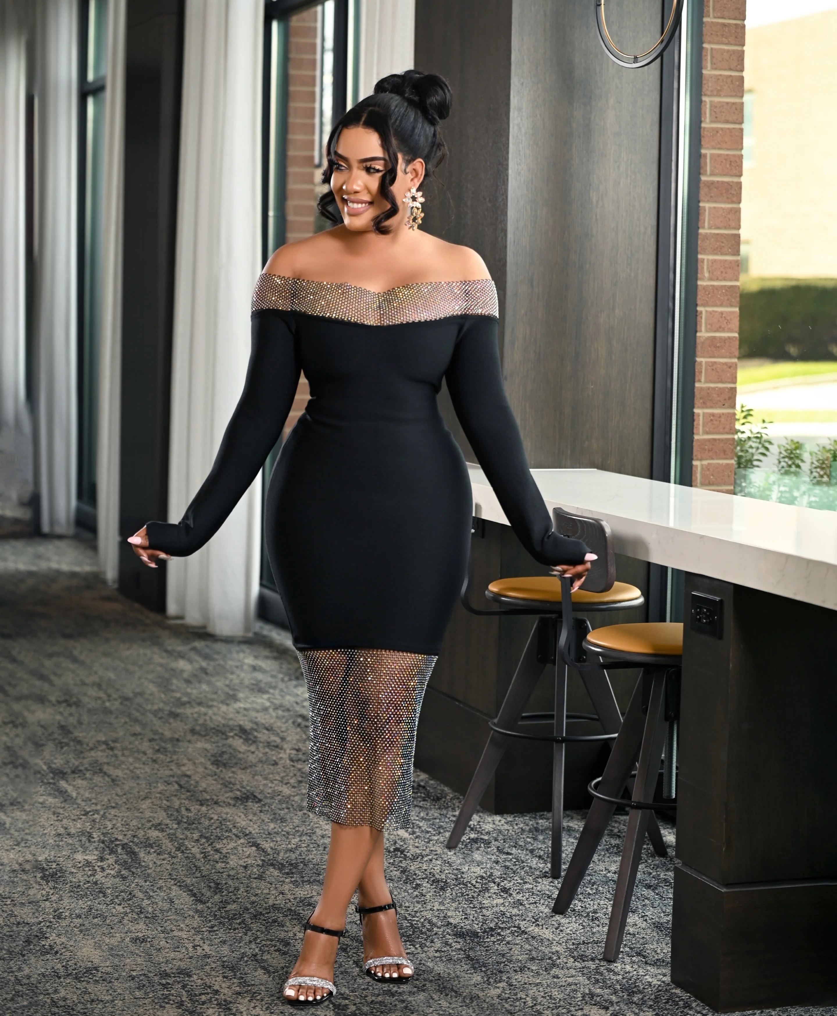 Lucica Off Shoulder Diamante Mesh Midi Bandage Dress - Image 2