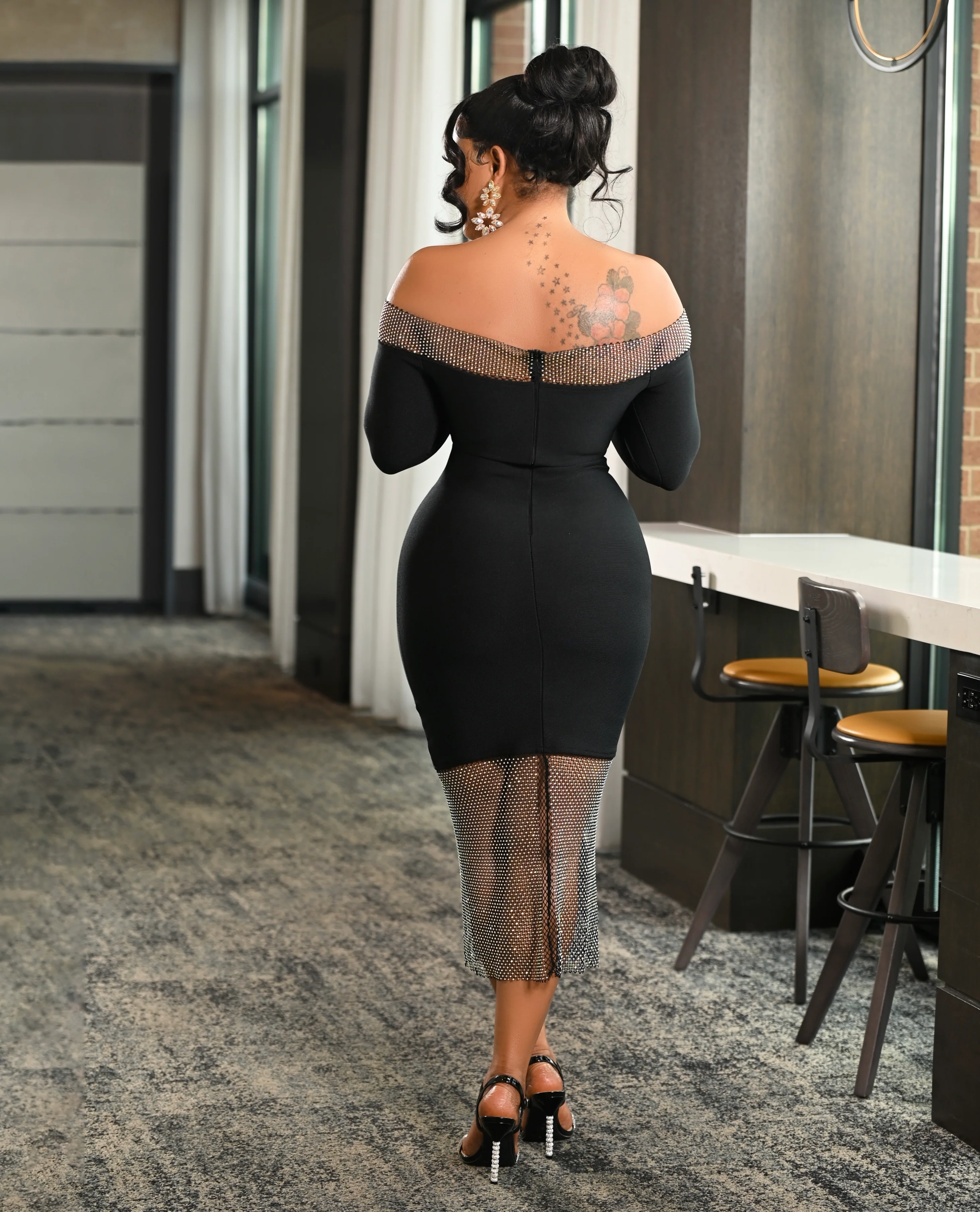 Lucica Off Shoulder Diamante Mesh Midi Bandage Dress - Image 3