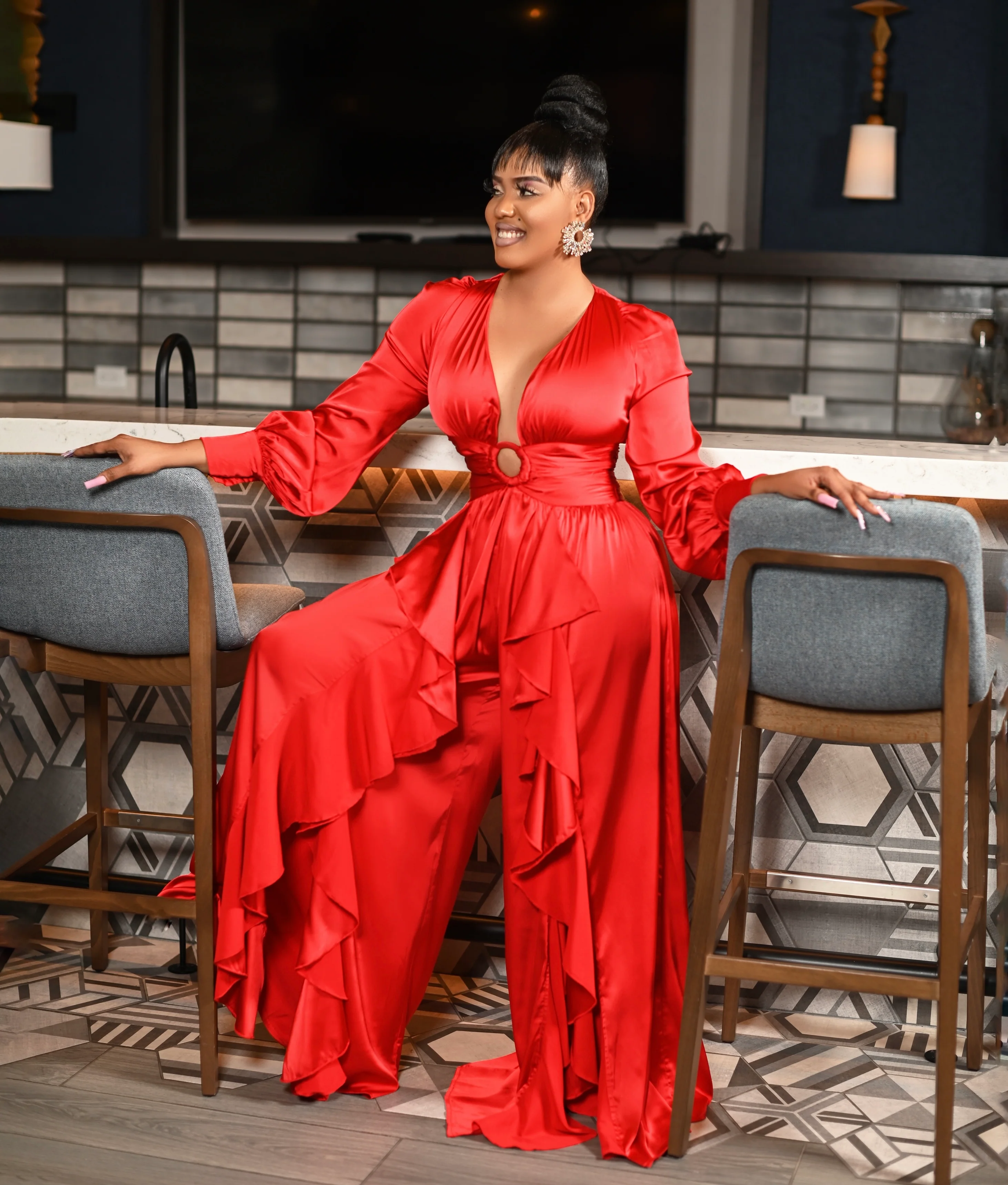 Luxury satin ruffle jumpsuit ( Red ) - Image 3