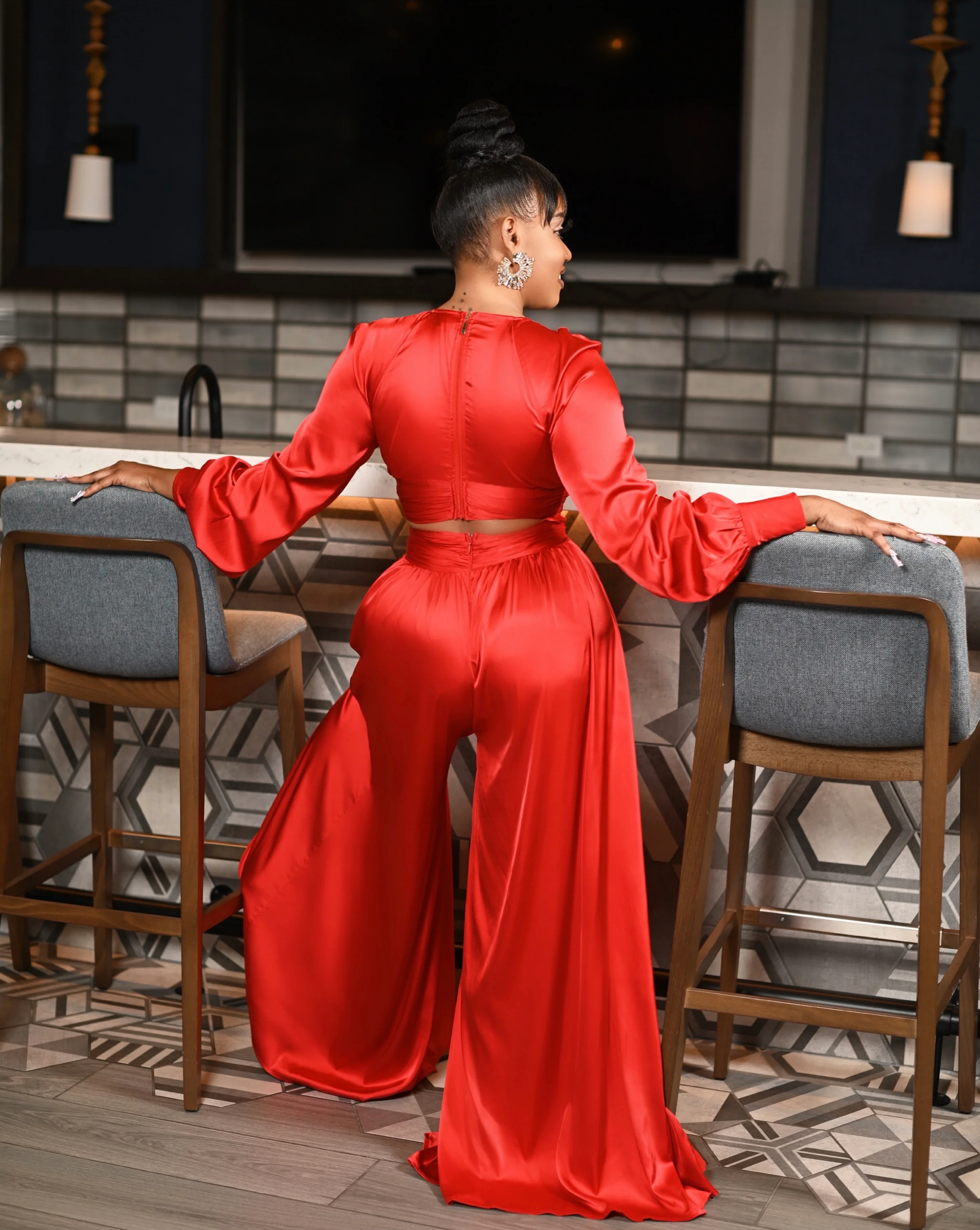 Luxury satin ruffle jumpsuit ( Red ) - Image 4