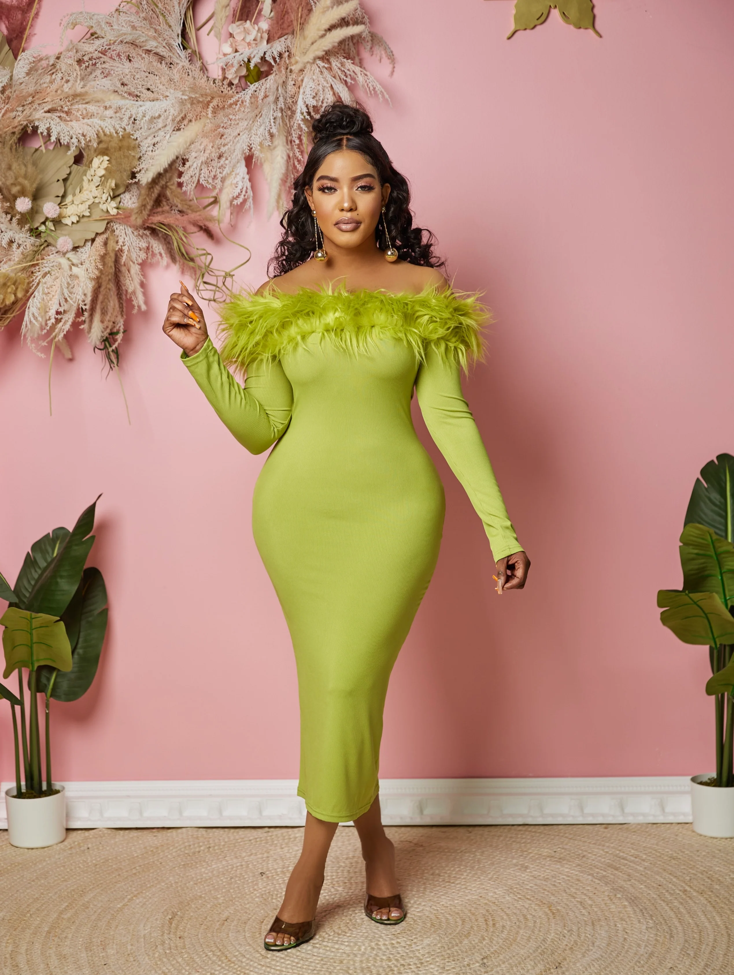 Mia Off shoulder faux feather dress