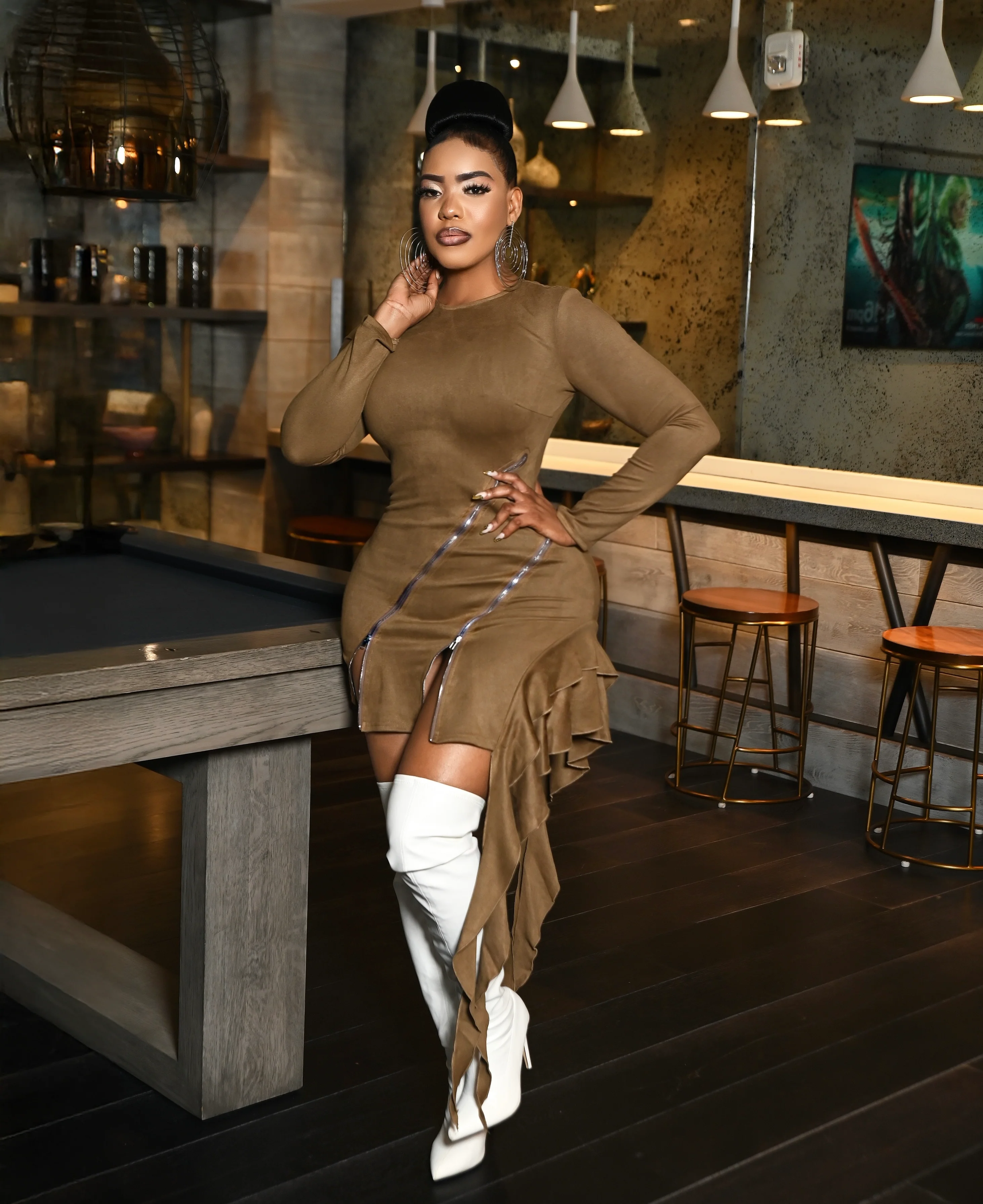 NAOMI SUEDE ZIPPERED RUFFLE MINI DRESS - MOCHA - Image 2