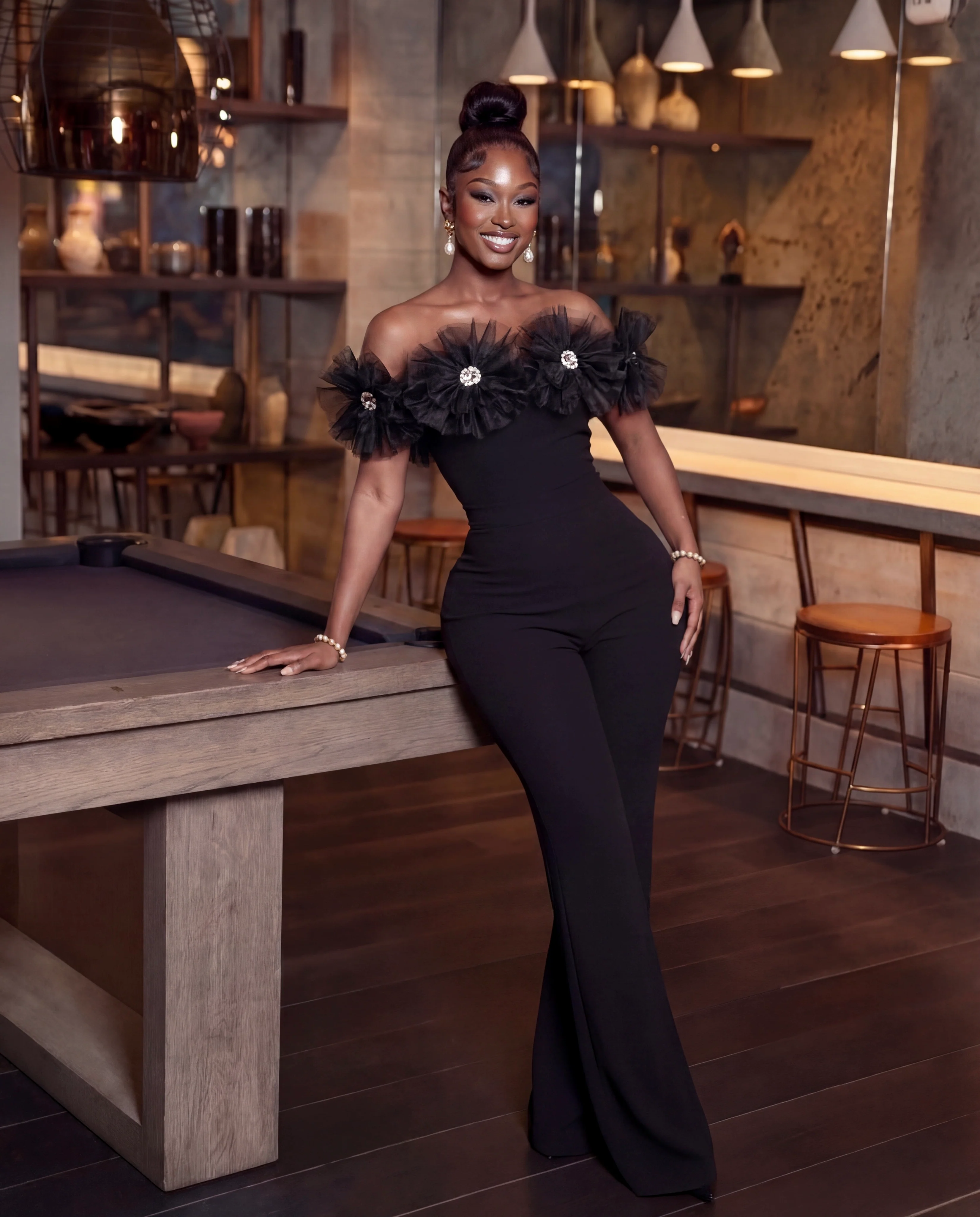 Off Shoulder Flower Aligned Stone Jumpsuit