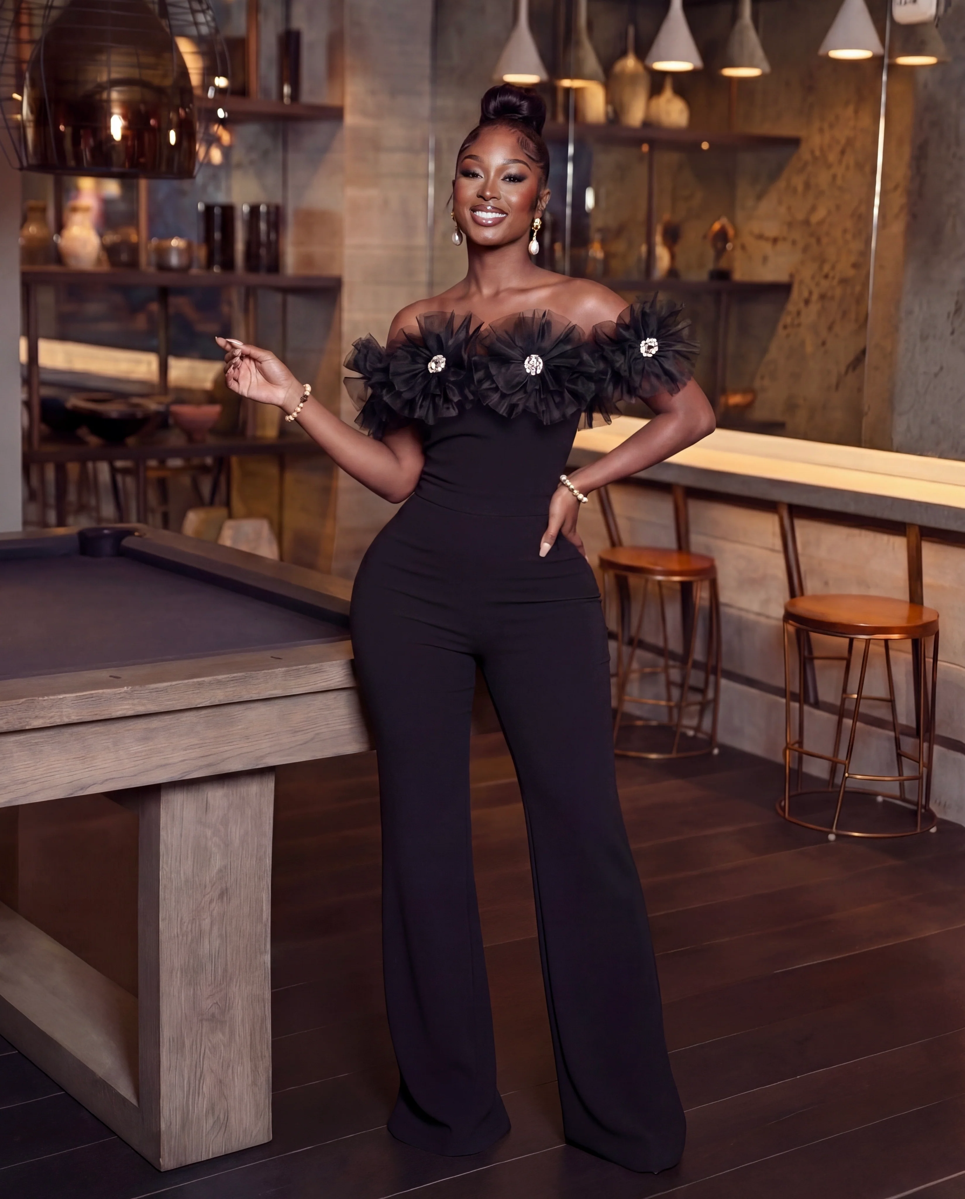 Off Shoulder Flower Aligned Stone Jumpsuit - Image 2