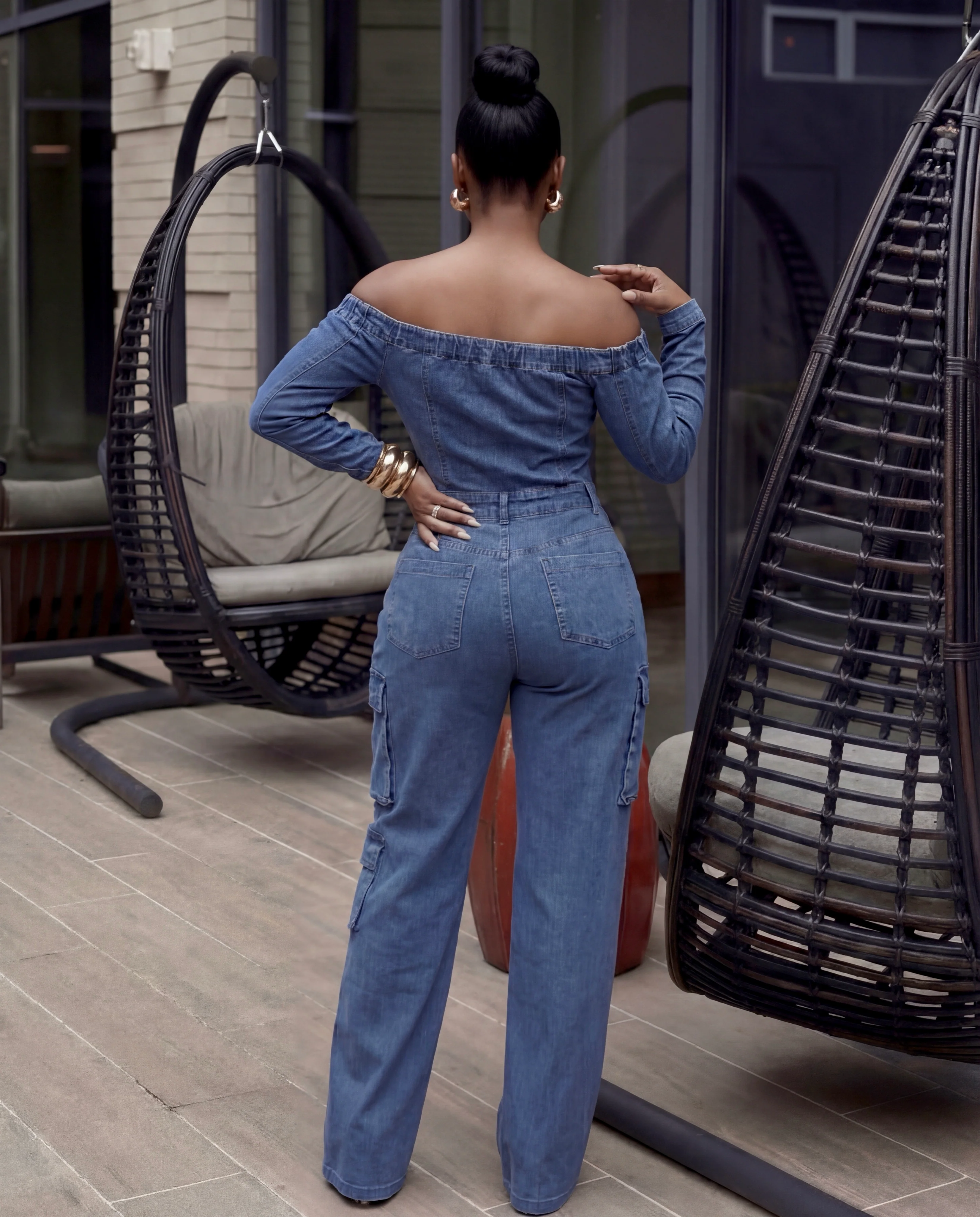 Off Shoulder Wide Leg Denim Jumpsuit - Image 2