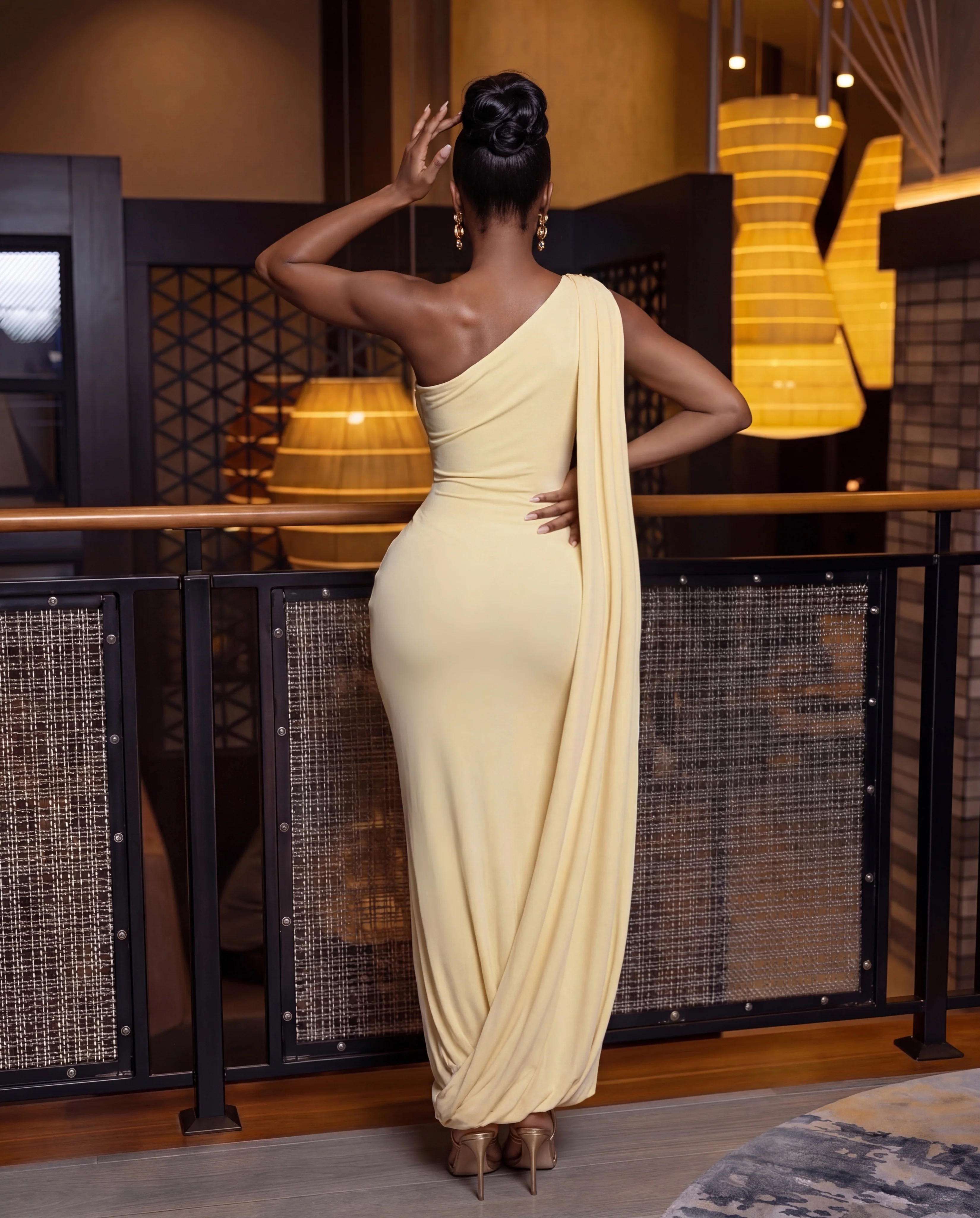 Osanne Yellow Draped Asymmetrical Maxi Dress - Image 3