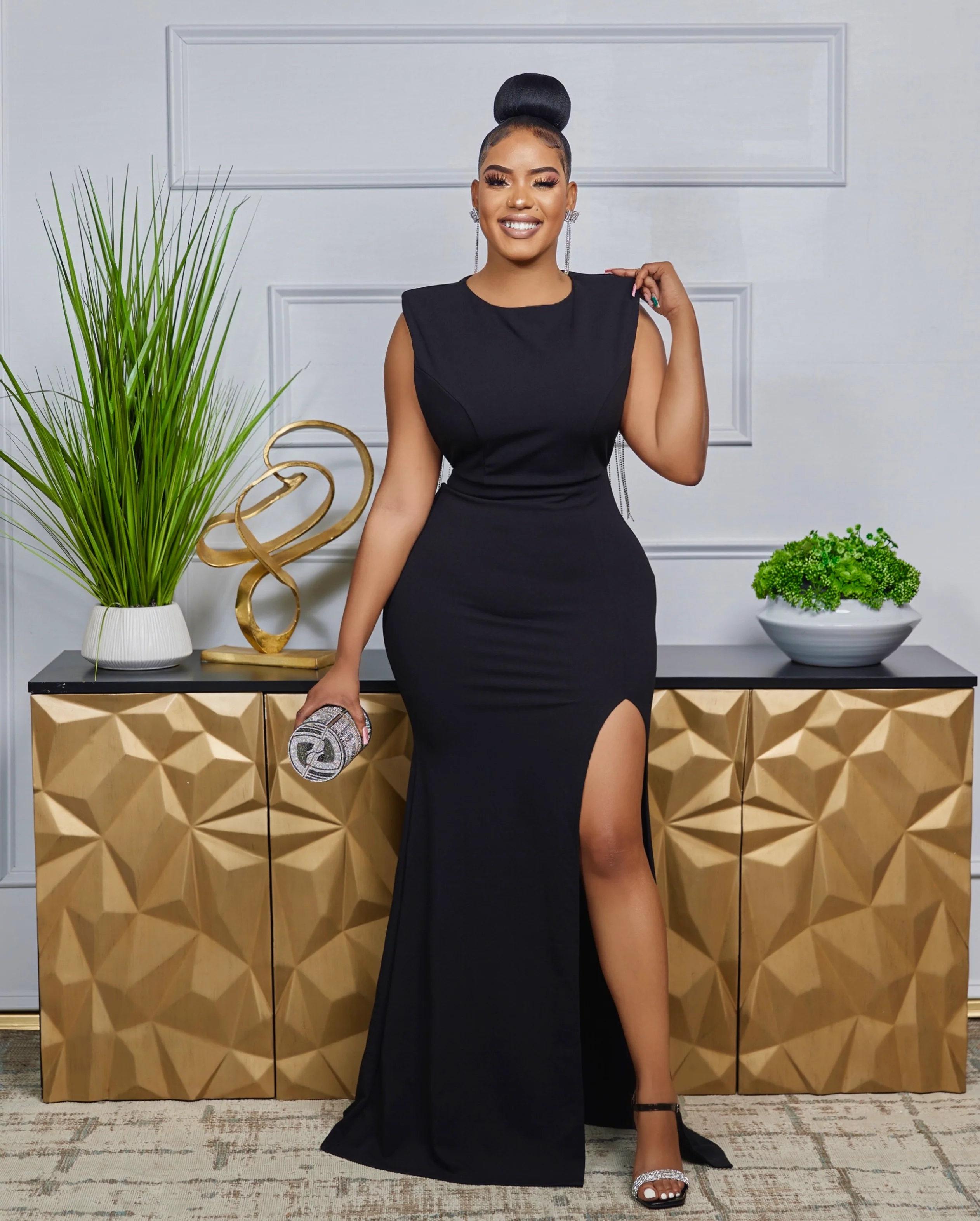 RHINESTONE FRINGE OPEN BACK MAXI DRESS ROUND NECK SHOULDER PAD ATTACHED - Image 2