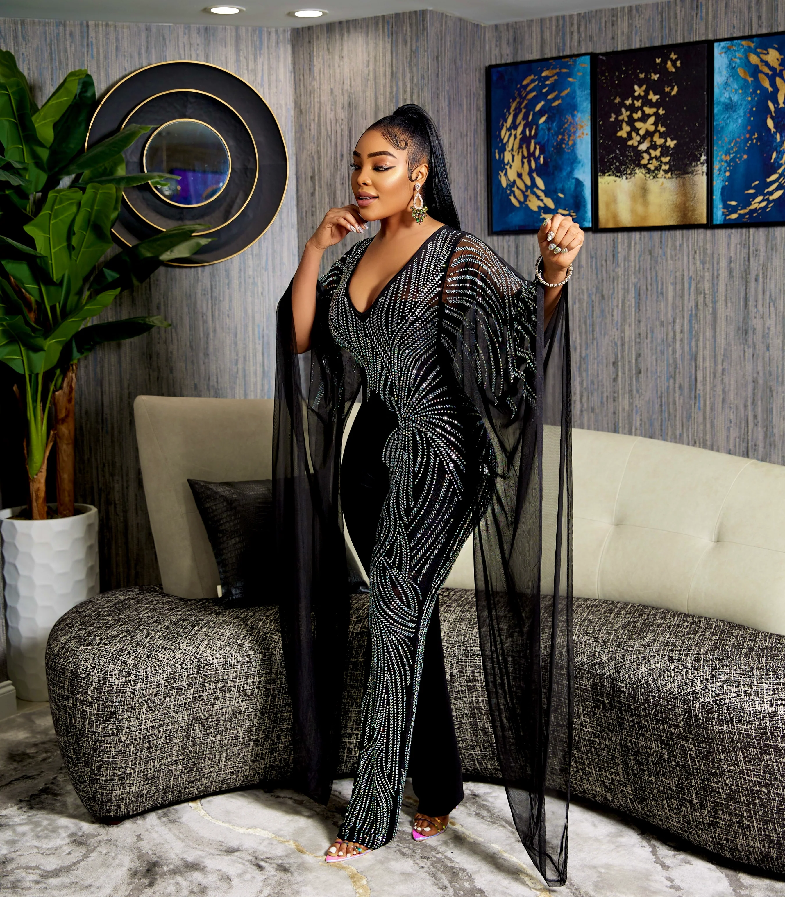 Rhinestone statement sleeves jumpsuit