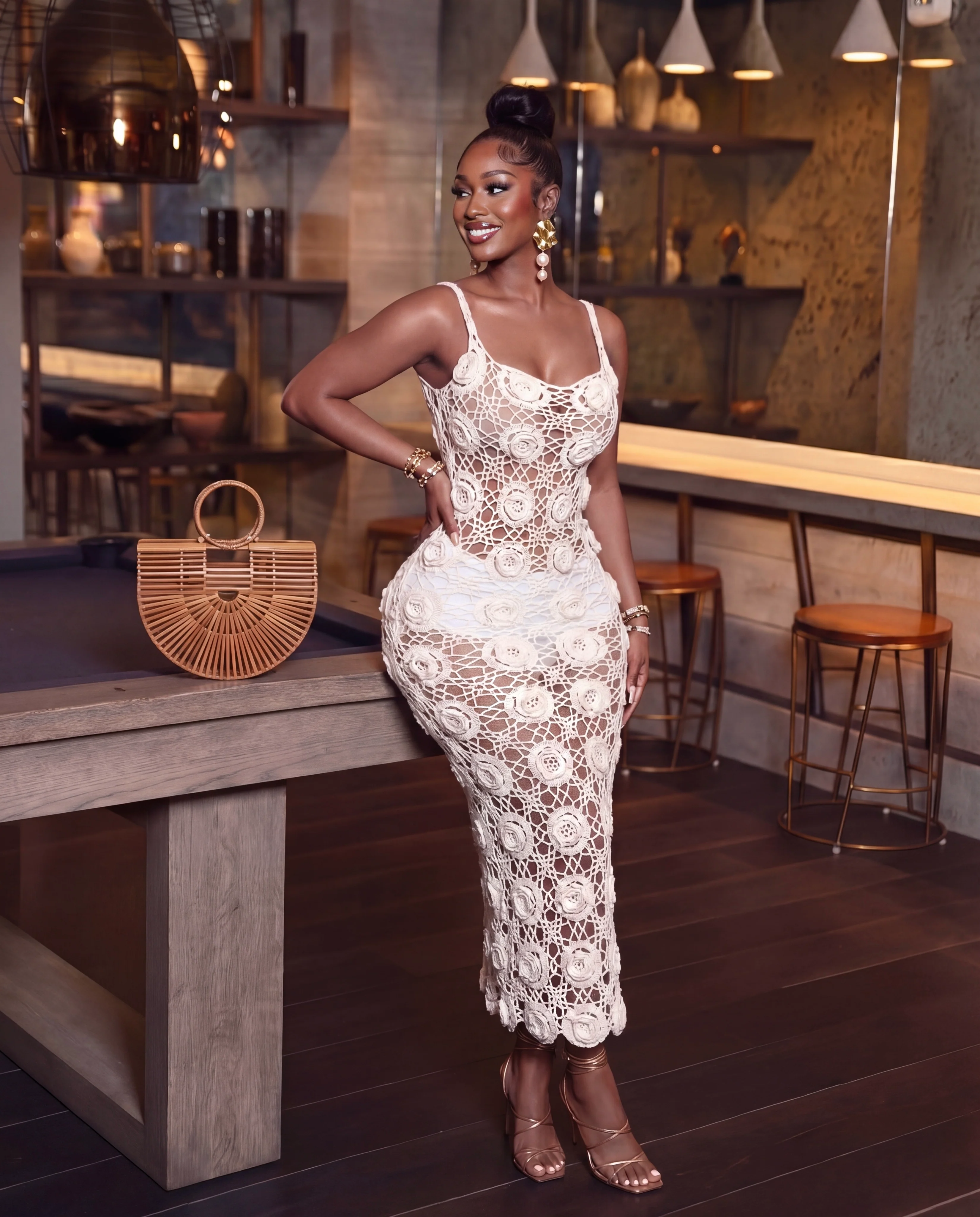 Rose Crochet Flower Bodycon Maxi Dress - Image 3