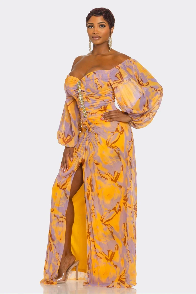RUCHED PRINT OFF SHOULDER MAXI DRESS - Image 4