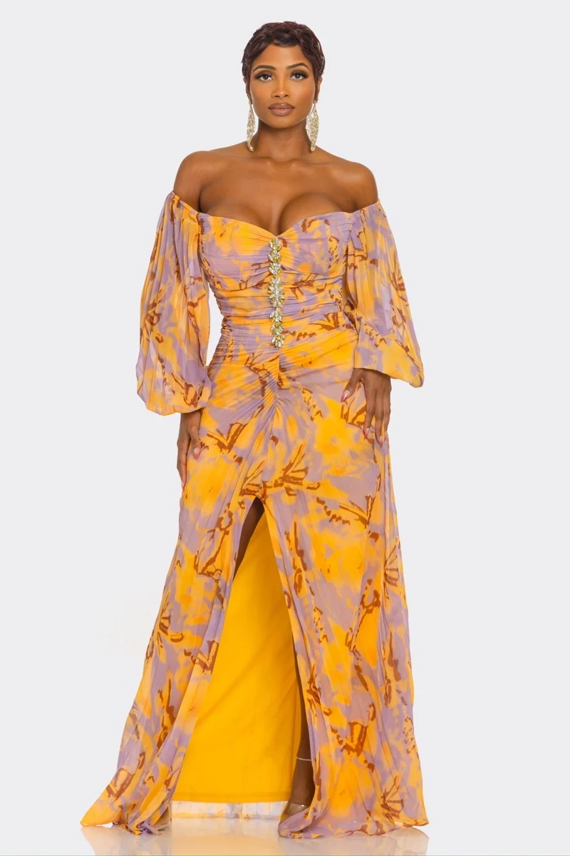 RUCHED PRINT OFF SHOULDER MAXI DRESS - Image 5