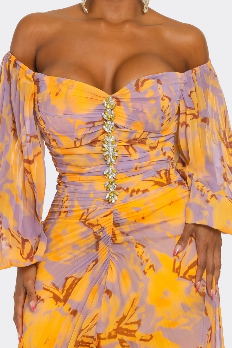 RUCHED PRINT OFF SHOULDER MAXI DRESS - Image 6