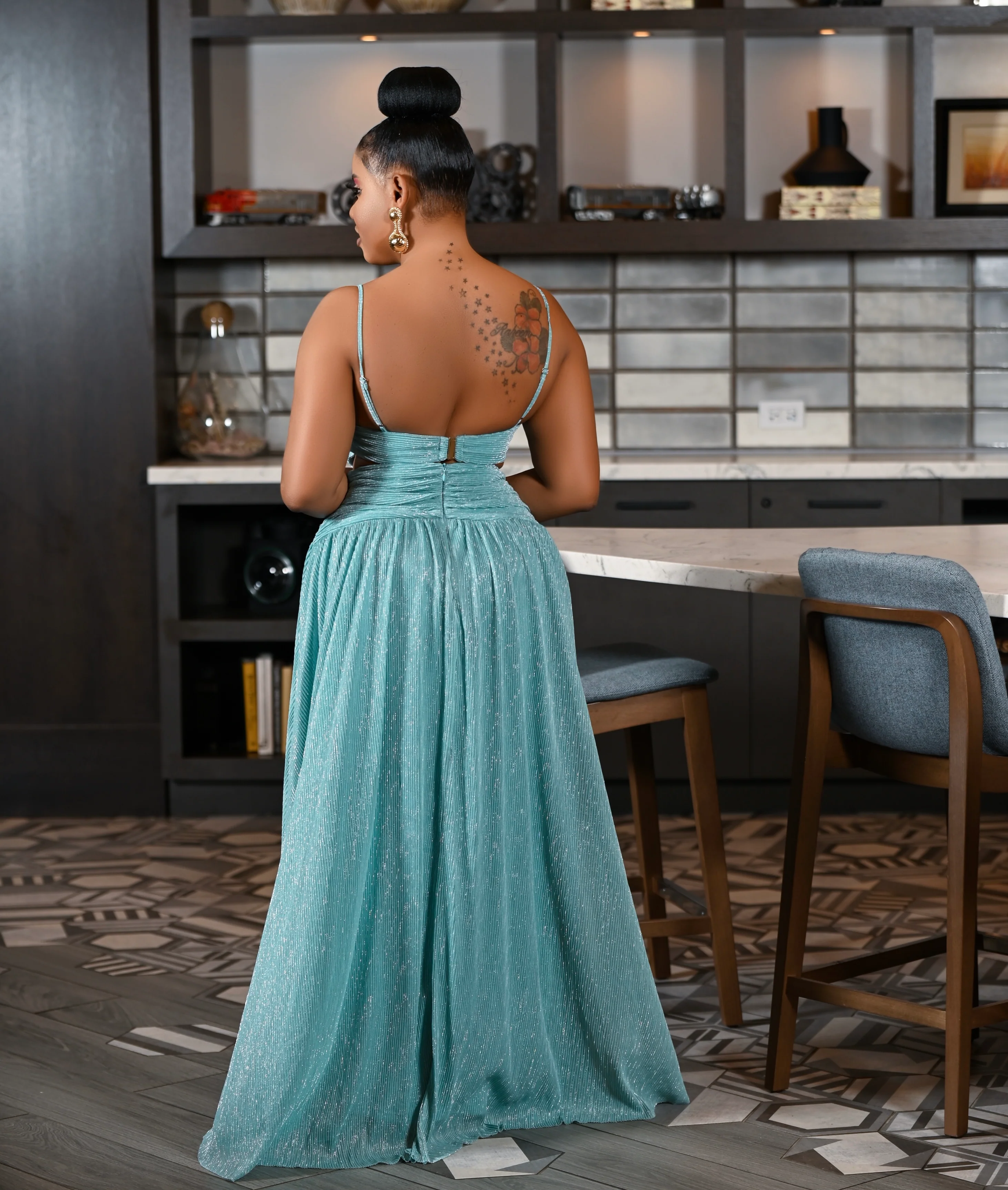 SHIRRED METALLIC CUTOUT DRESS - Image 2