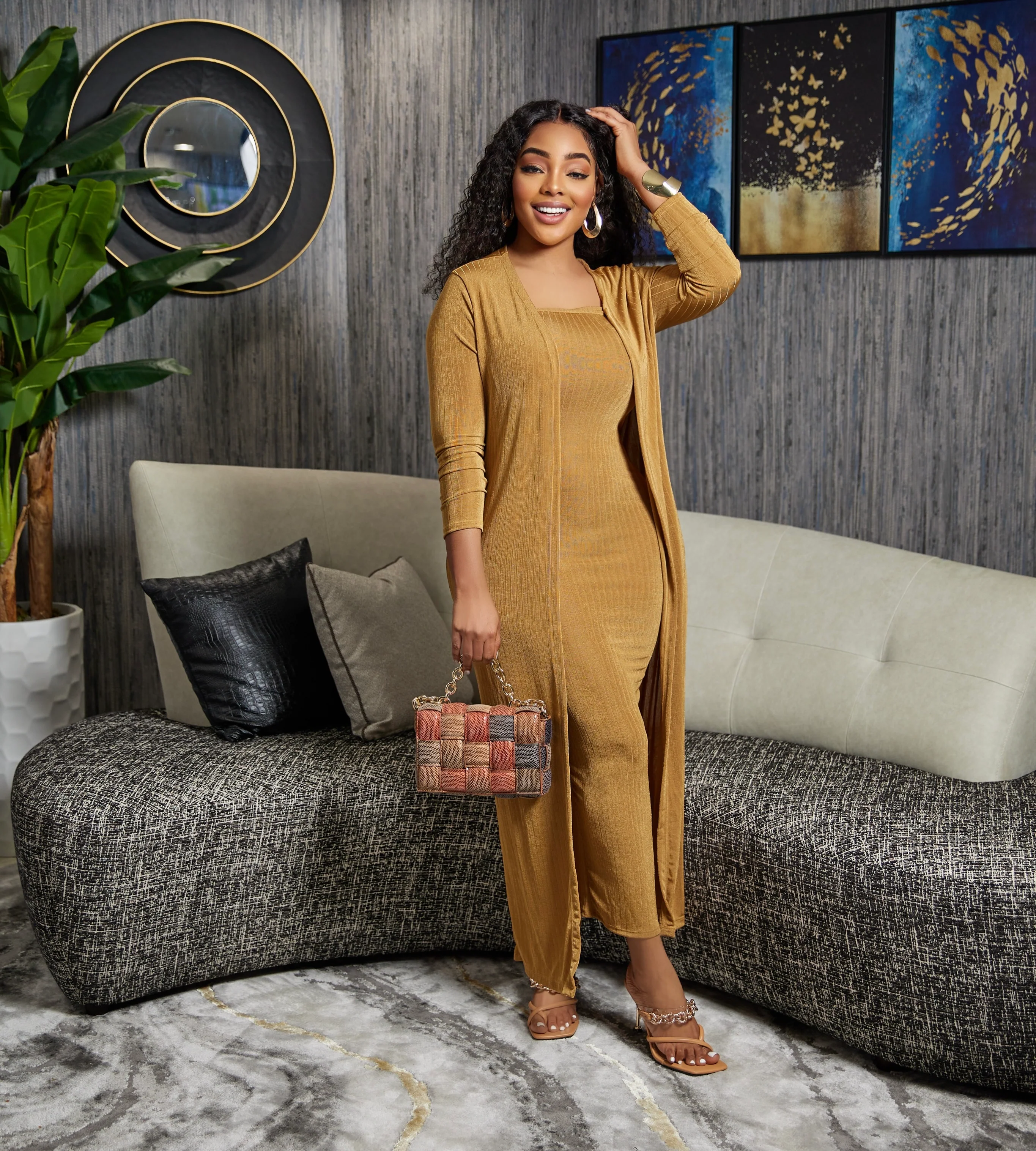 SOLID SLINKY RIB 2 PIECE CARDIGAN SET (Mustard)