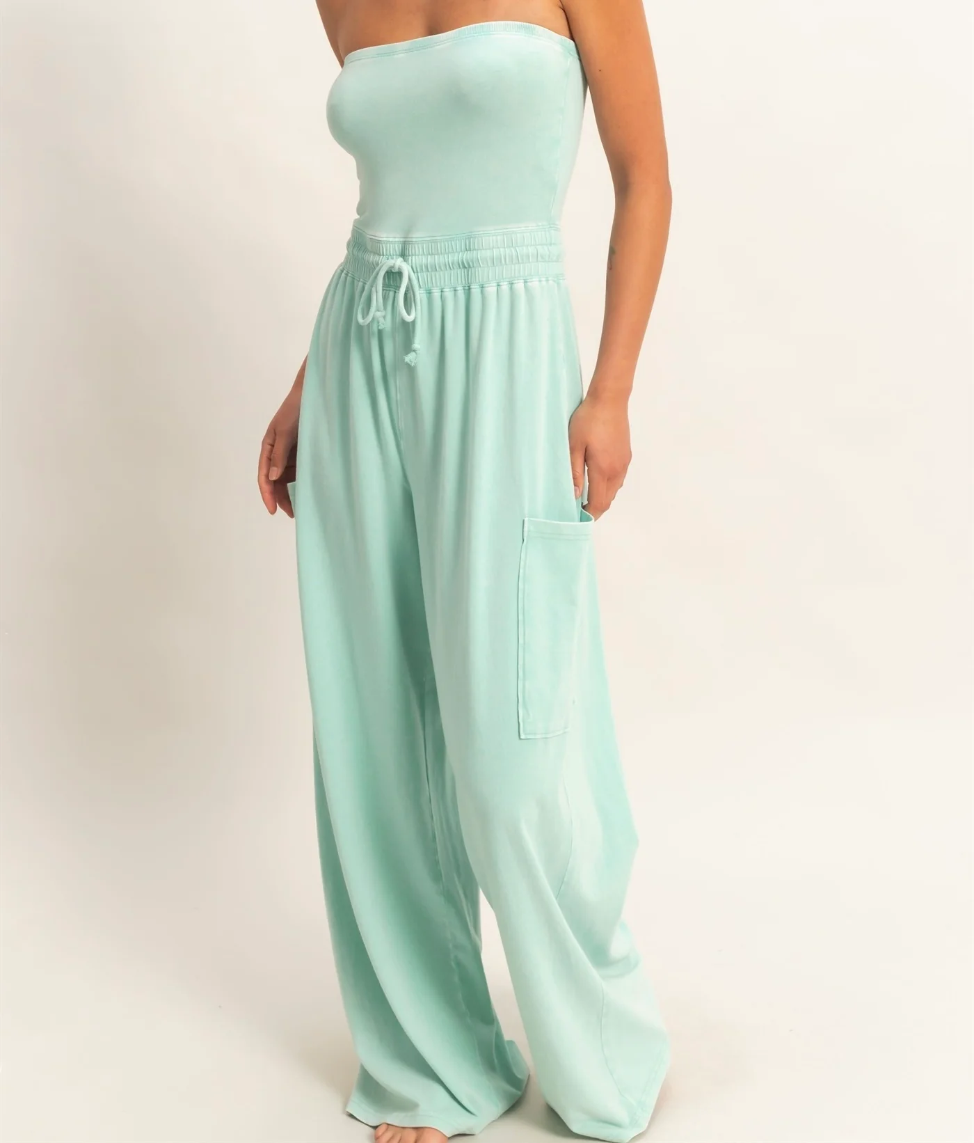 TURQUOISE Mineral Wash Strapless Wide-leg Jumpsuit - Image 4