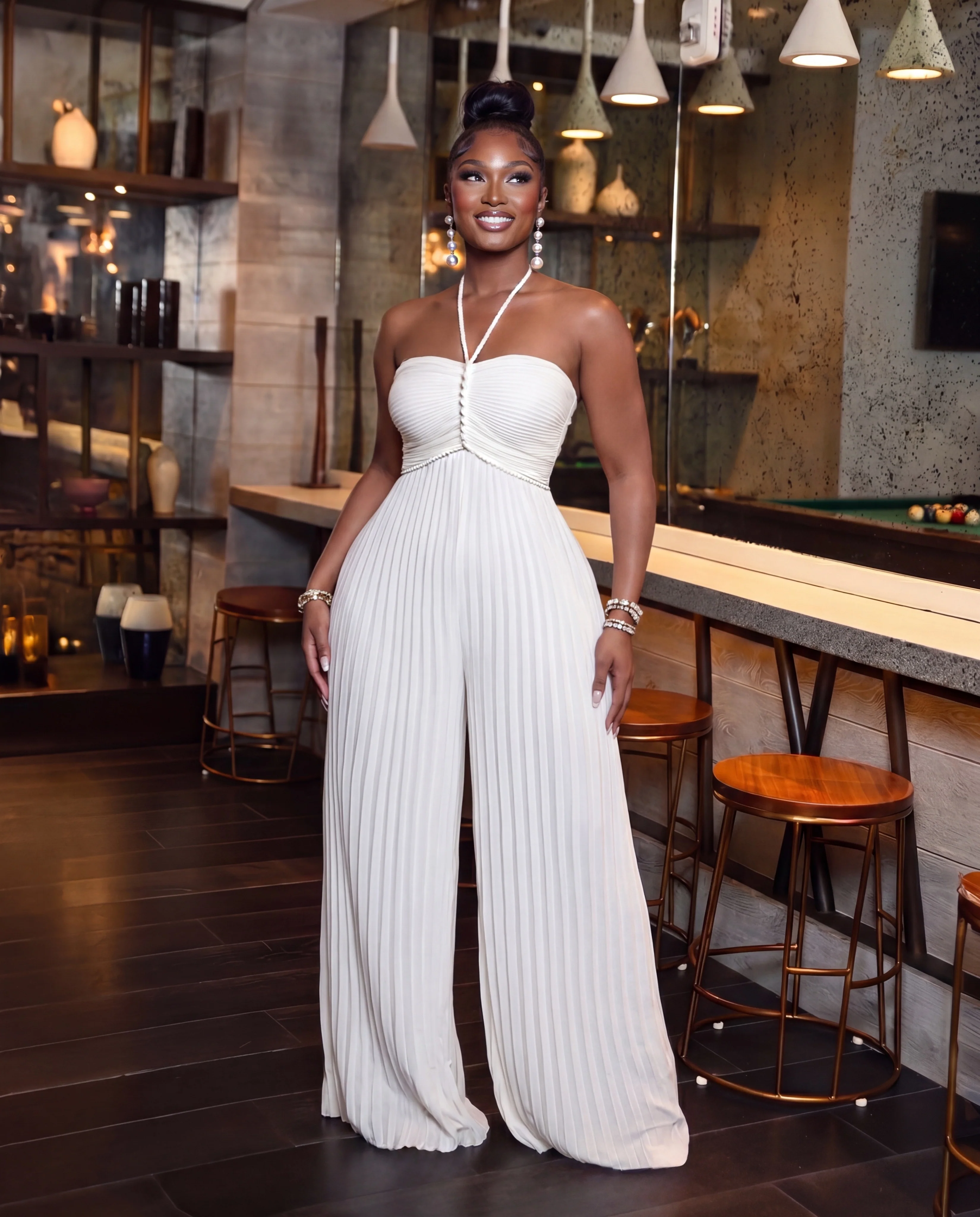White Pleated Braided Strap Halter Neck Jumpsuit