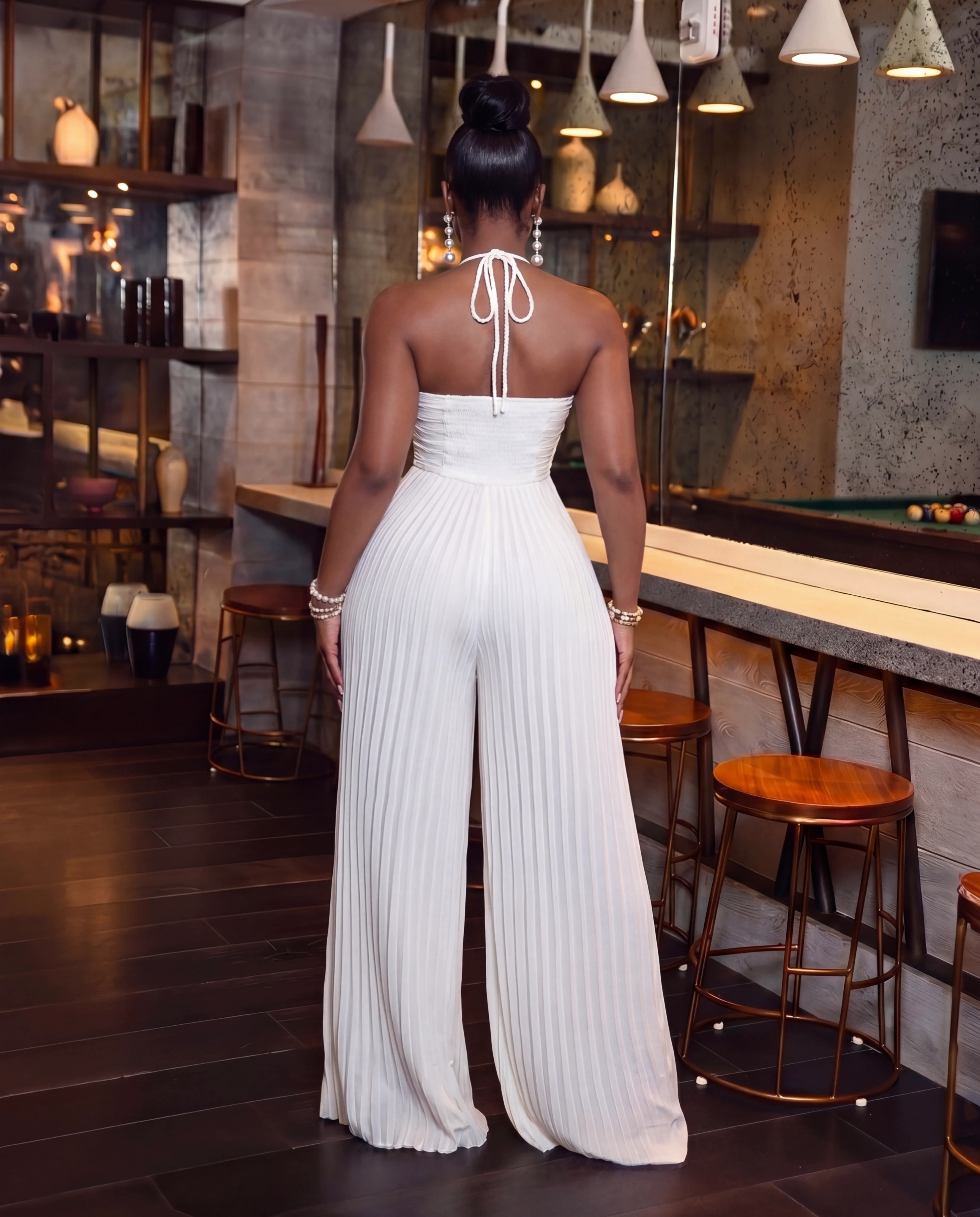 White Pleated Braided Strap Halter Neck Jumpsuit - Image 2